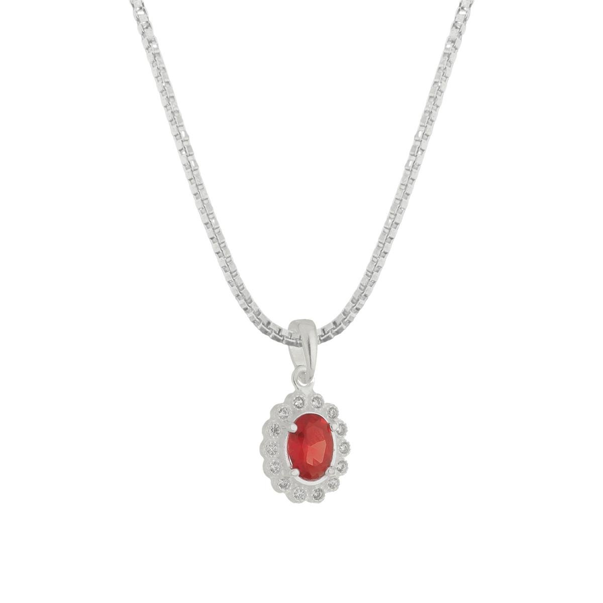 Colar de Prata 925 Pingente Oval Contornado Com Micro Zircônia.