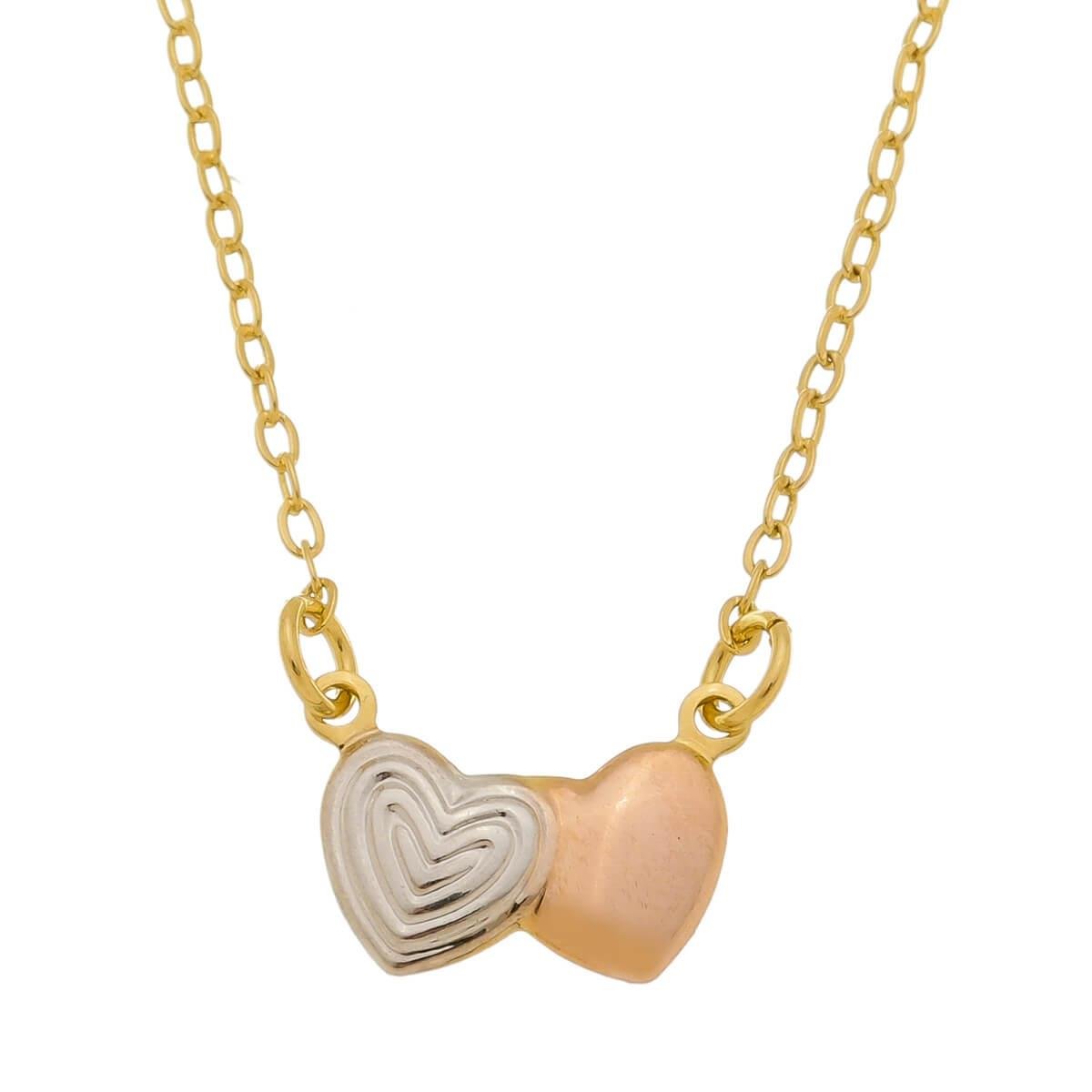 Colar Com Dois Corações Folheado a Ouro Com Ródio Branco e Rose