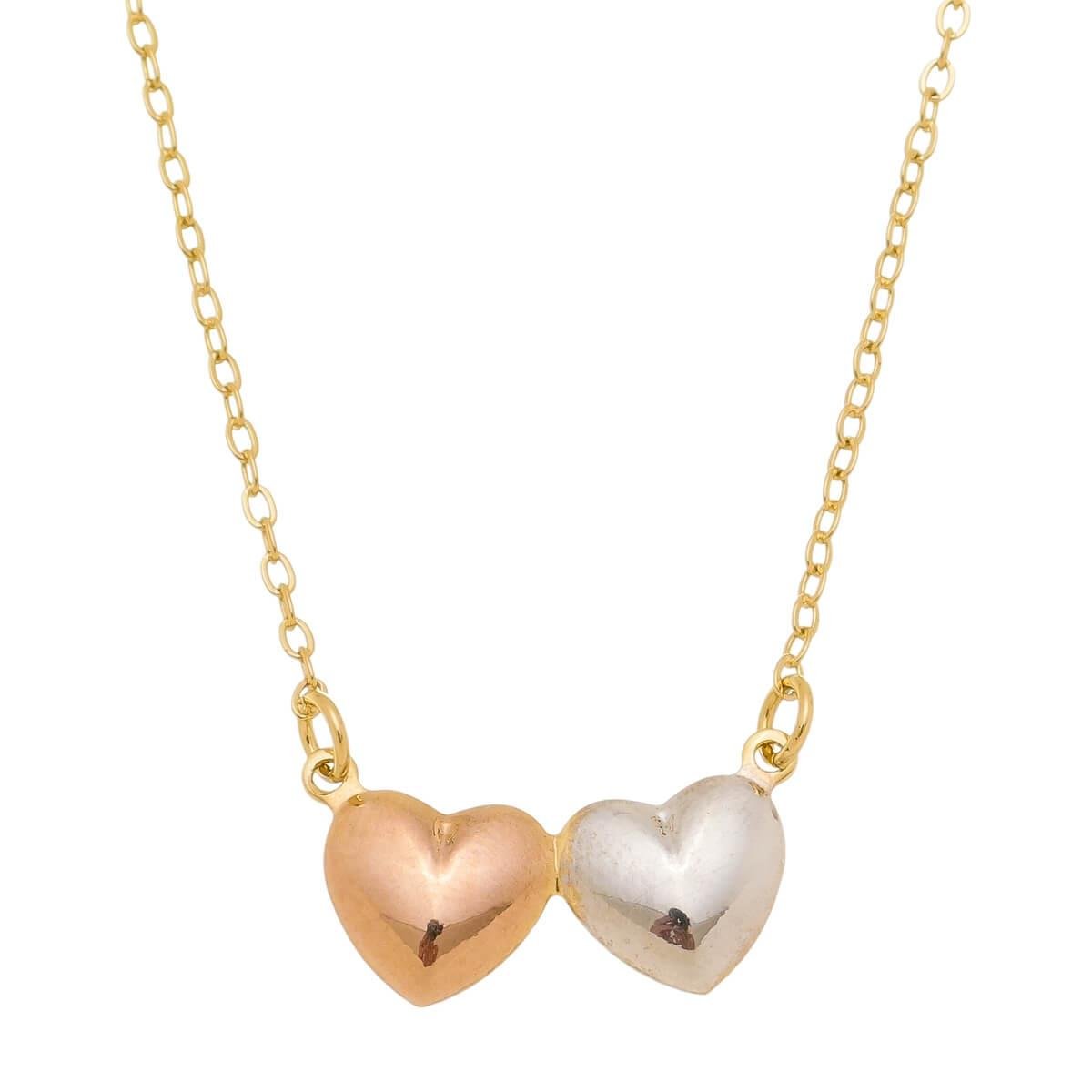 Colar Dois Corações Lisos Folheado a Ouro Com Ródio Branco e Rose