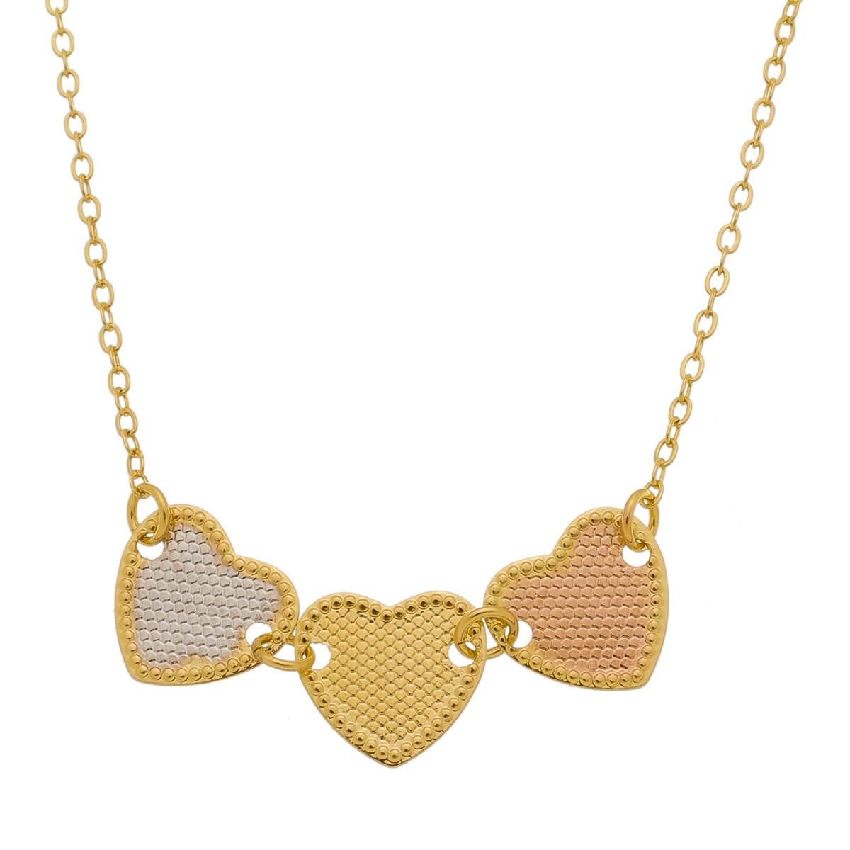 Colar Três Corações Detalhados Folheado a Ouro Com Ródio Branco e Rose