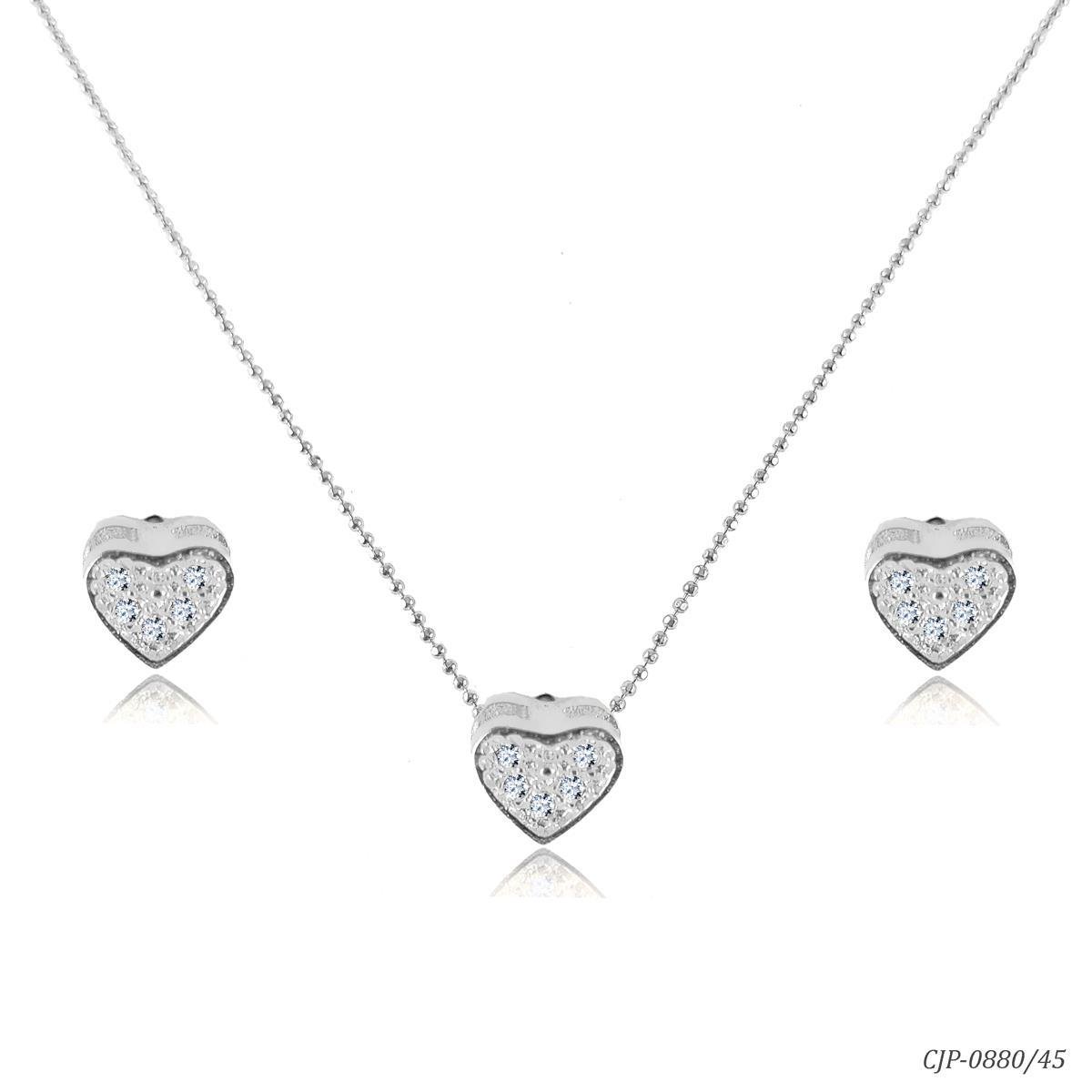 Conjunto Coração com Strass Folheado a Prata