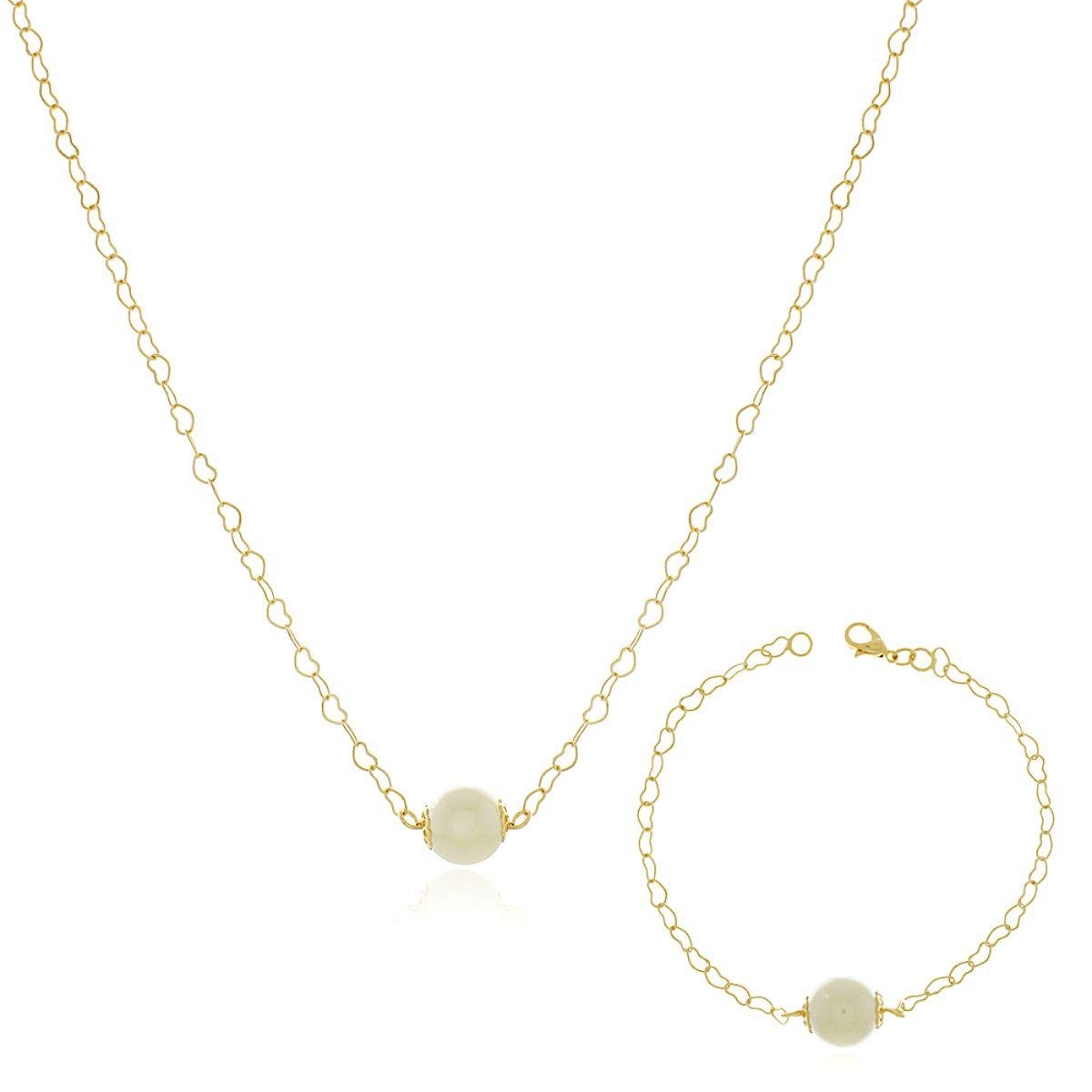 Conjunto Corações e Pérola Banhado a Ouro