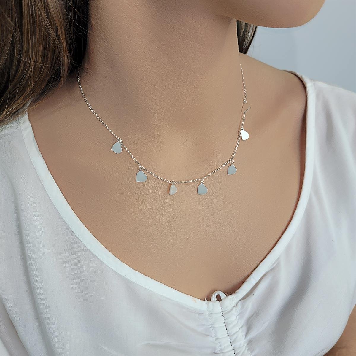 Choker de Prata Prata Corações 35cm