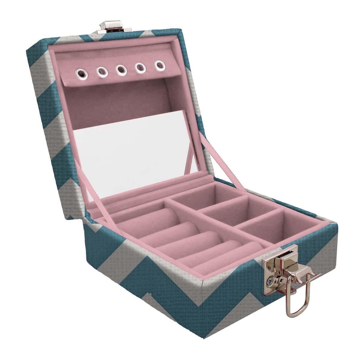 Estojo Maleta Porta Jóias Para Viagem Mini Chevron Tiffany