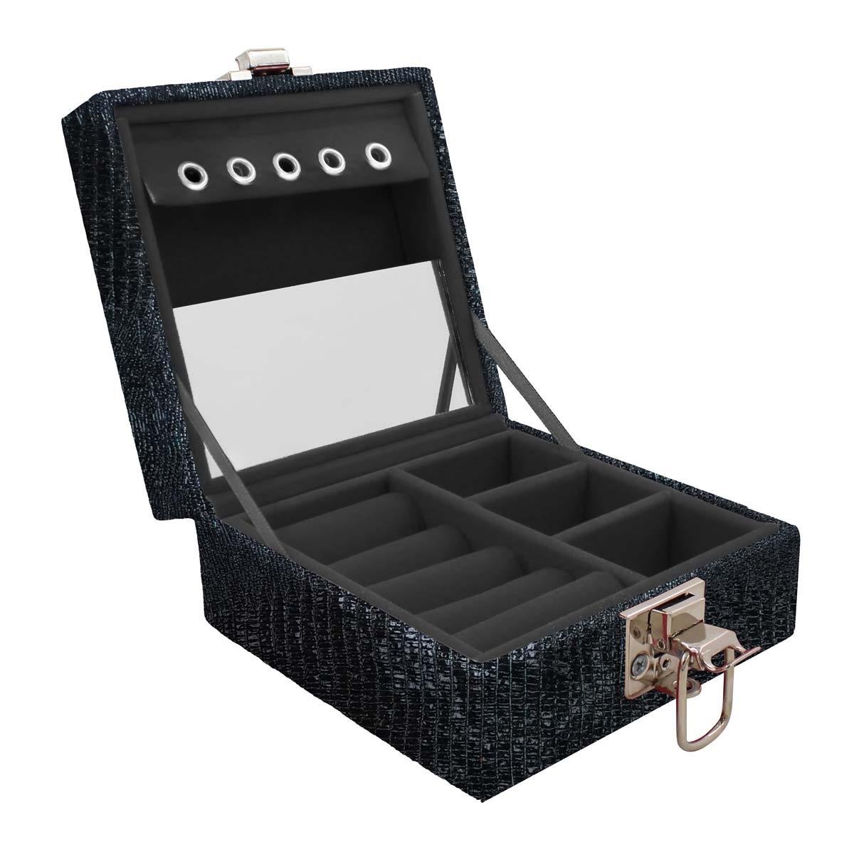 Estojo Maleta Porta Jóias Para Viagem Mini Jacaré Caíro Preto
