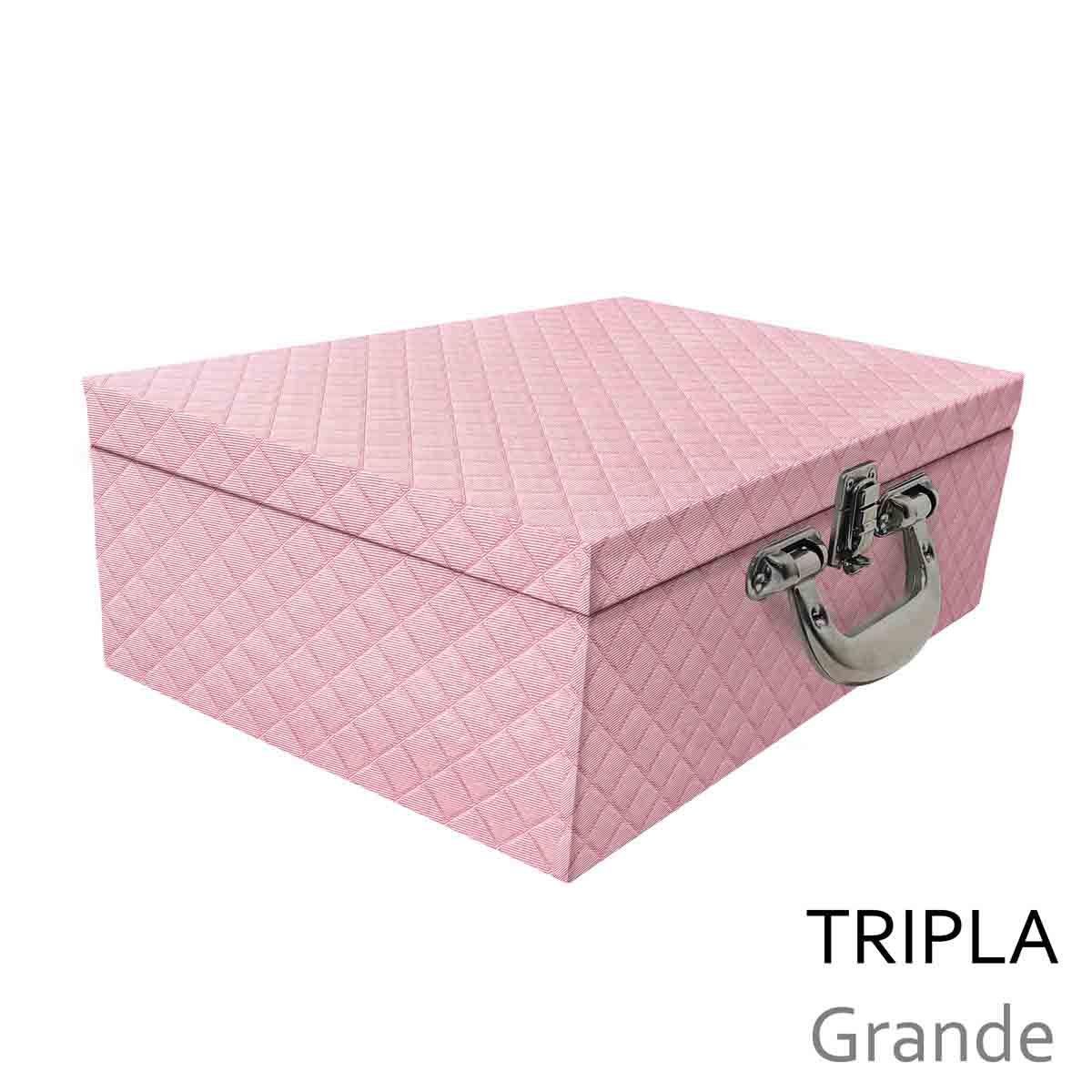 Estojo Maleta Porta Jóias Tripla Grande Dijon Rosa Bebê Metalizado Com Alça Cromada e Espelho - Sob Encomenda