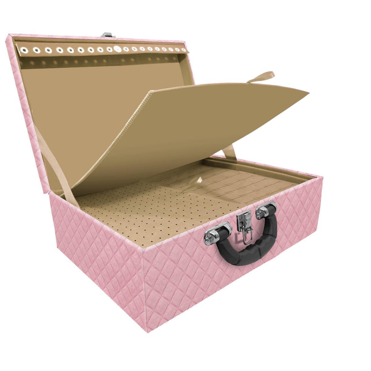 Estojo Maleta Porta Jóias Tripla Grande Dijon Rosa Bebê Metalizado Com Alça Preta e Imã - Sob Encomenda