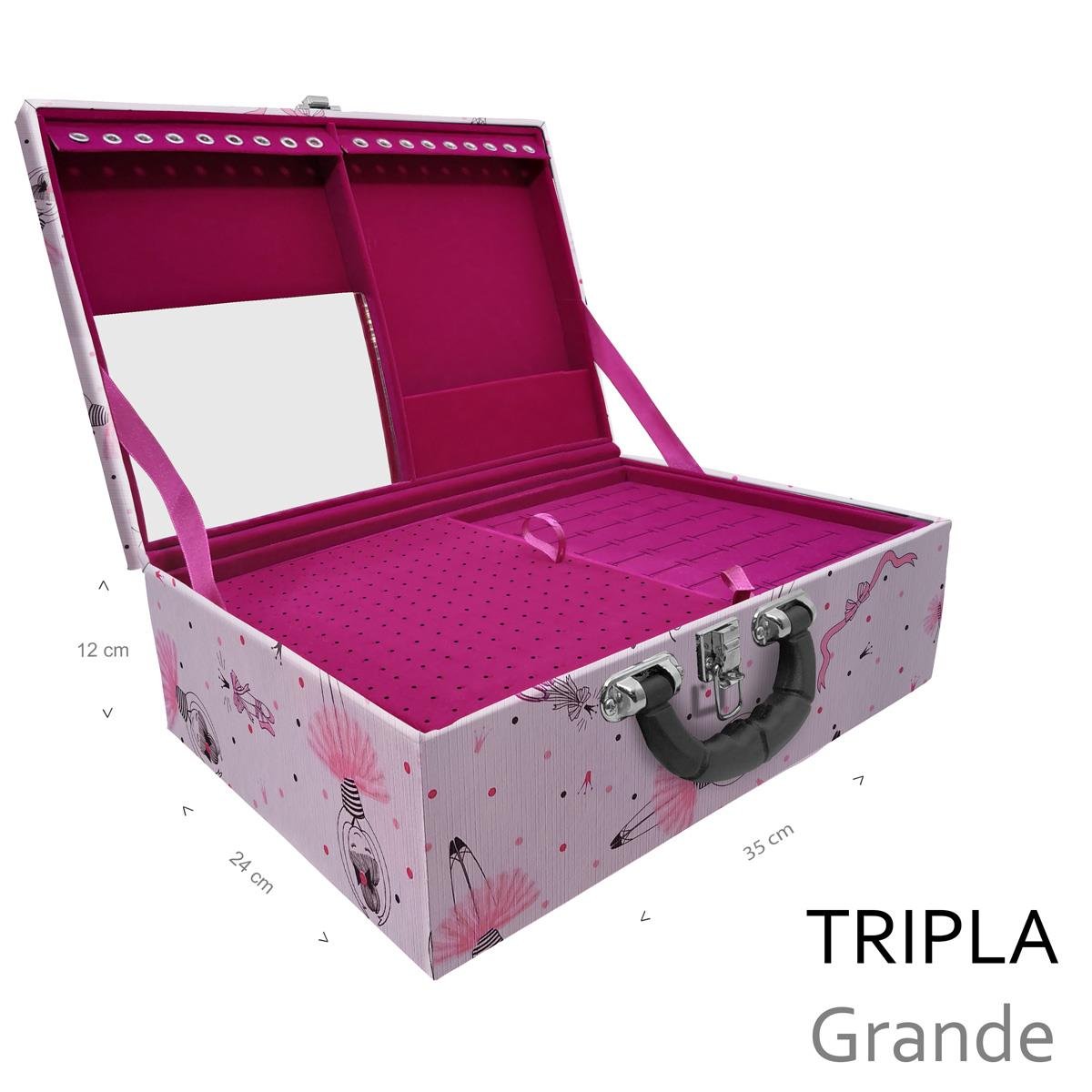 Estojo Maleta Porta Jóias Triplo Grande Bailarina Com Alça Preta e Espelho - Sob Encomenda