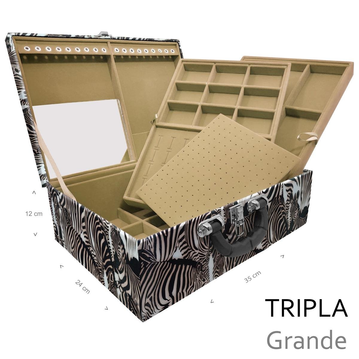 Estojo Maleta Porta Jóias Triplo Grande Cara Da Zebra Com Alça Preta e Espelho - Sob Encomenda
