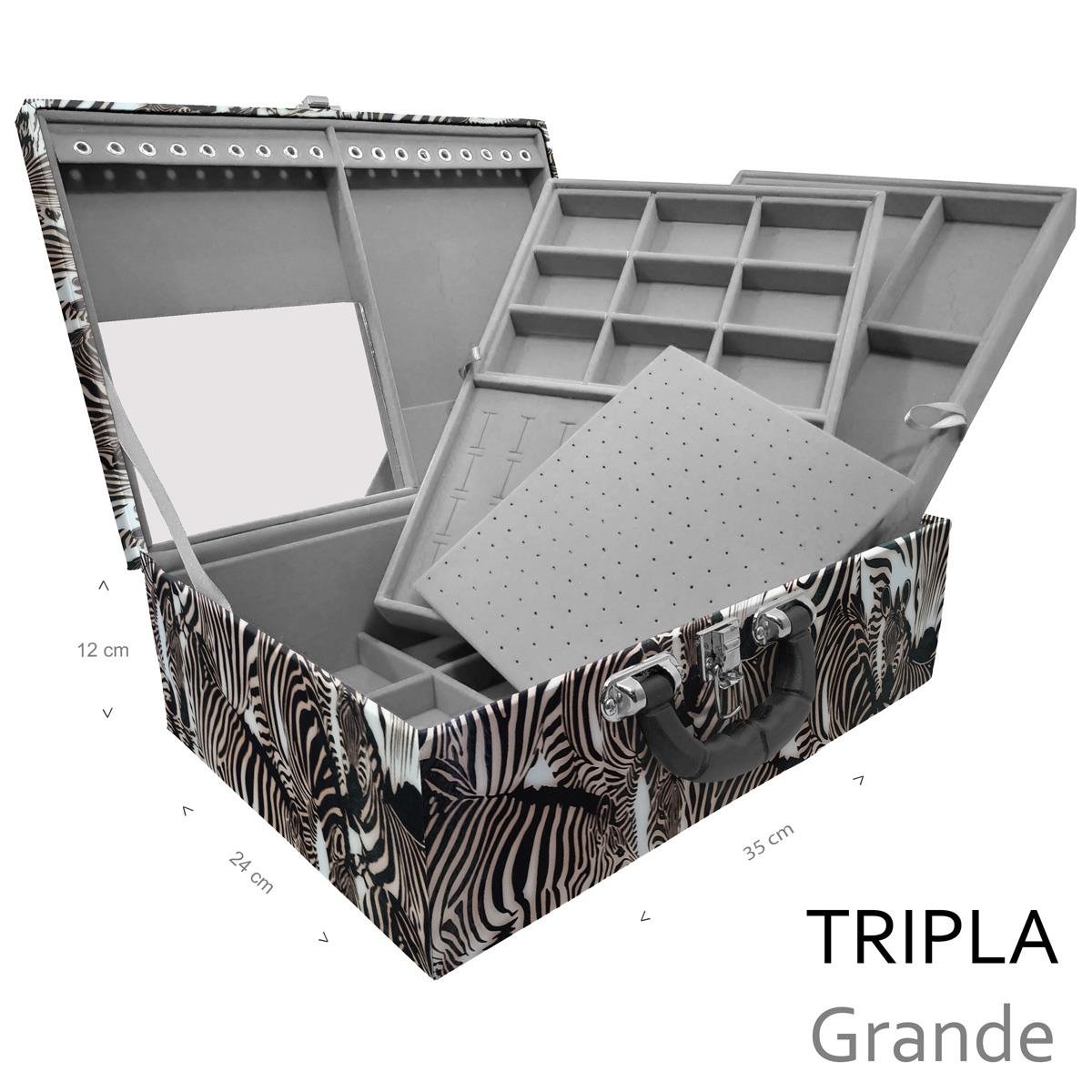 Estojo Maleta Porta Jóias Triplo Grande Cara Da Zebra Com Alça Preta e Espelho - Sob Encomenda