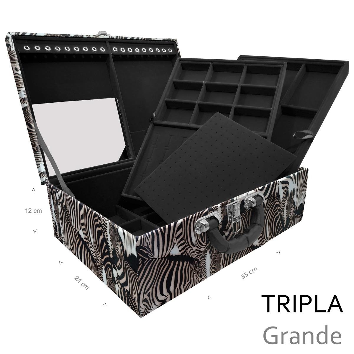 Estojo Maleta Porta Jóias Triplo Grande Cara Da Zebra Com Alça Preta e Espelho - Sob Encomenda