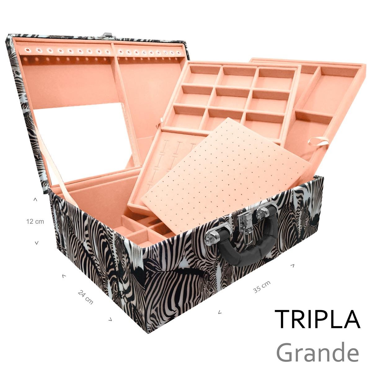 Estojo Maleta Porta Jóias Triplo Grande Cara Da Zebra Com Alça Preta e Espelho - Sob Encomenda