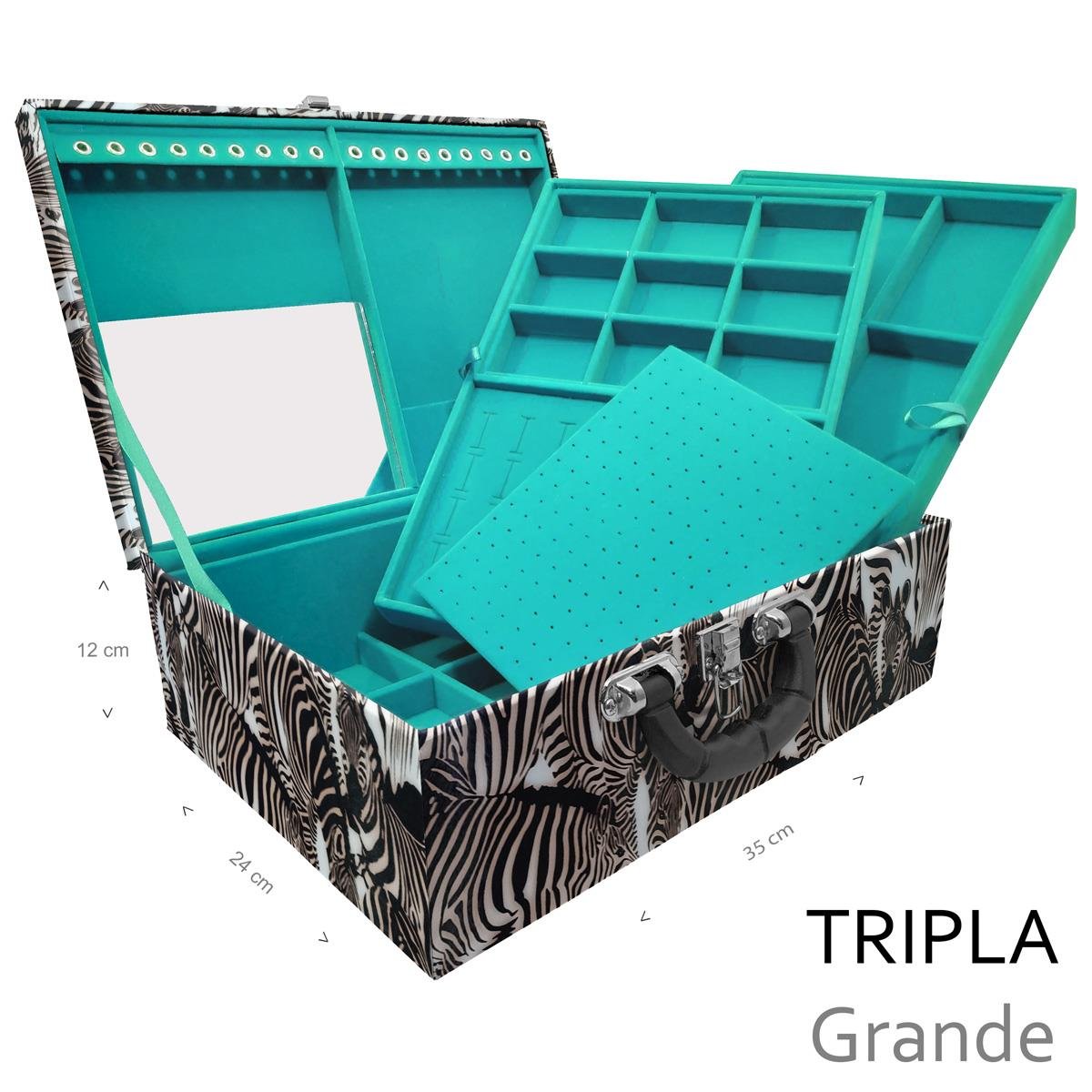 Estojo Maleta Porta Jóias Triplo Grande Cara Da Zebra Com Alça Preta e Espelho - Sob Encomenda