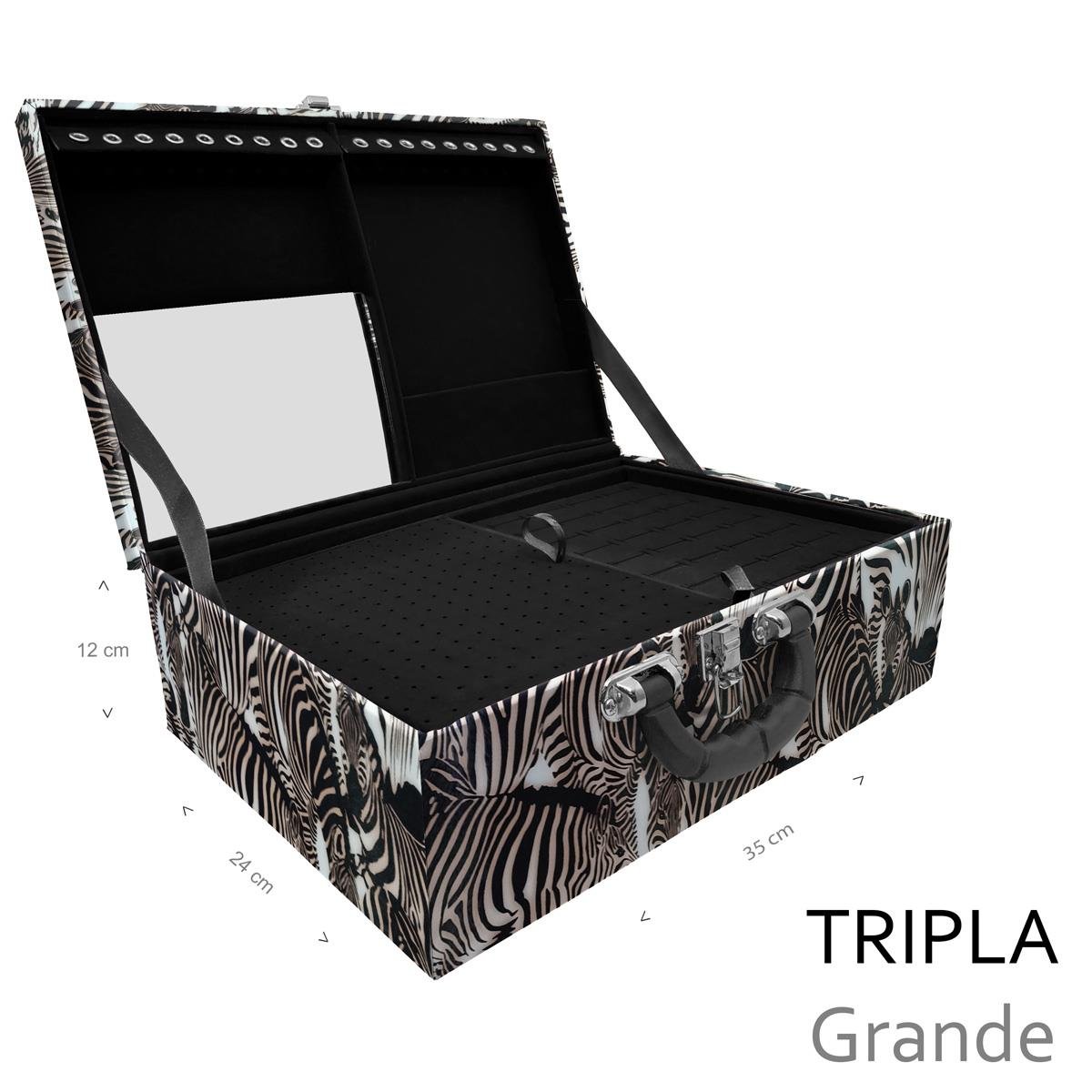 Estojo Maleta Porta Jóias Triplo Grande Cara Da Zebra Com Alça Preta e Espelho - Sob Encomenda
