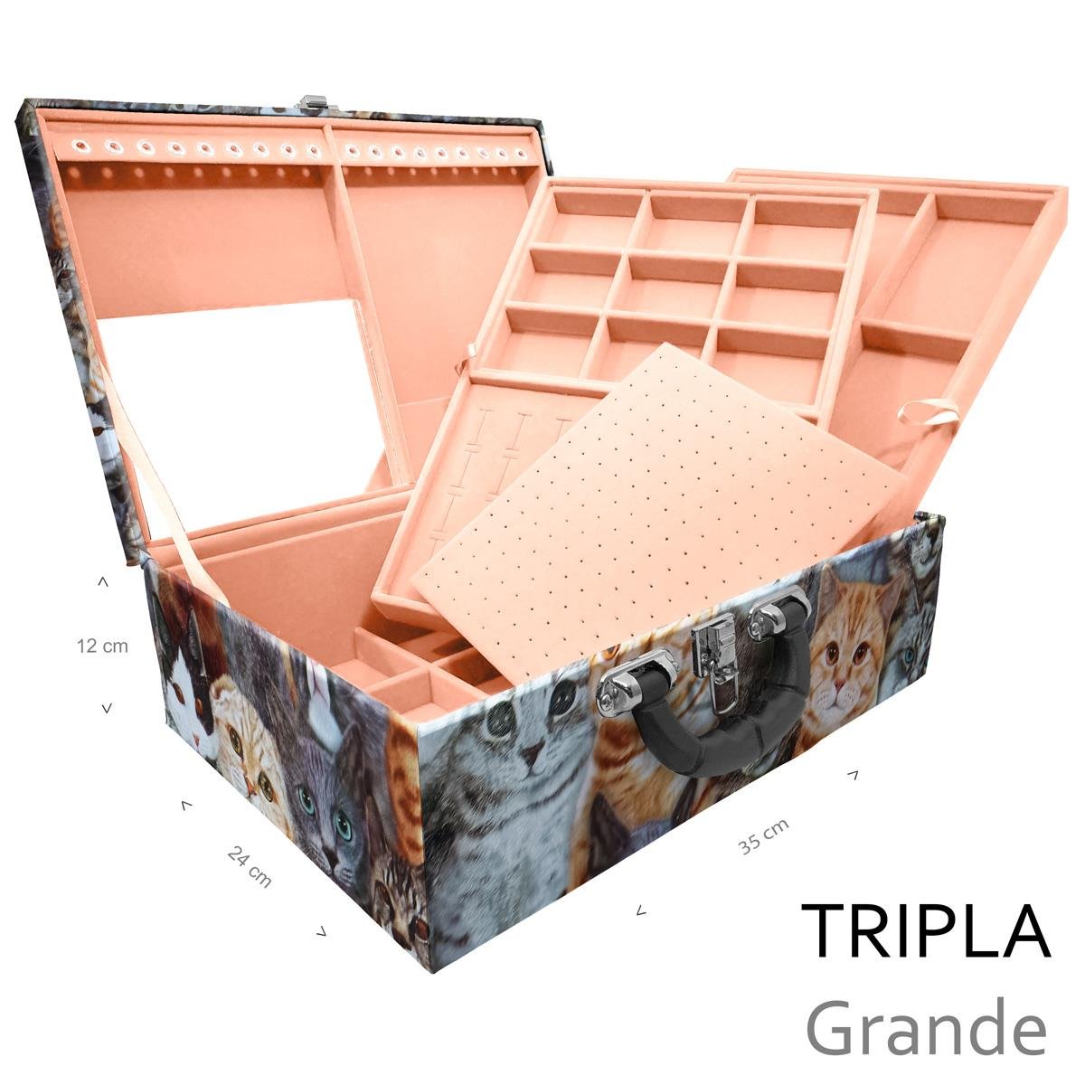 Estojo Maleta Porta Jóias Triplo Grande Cara De Gatos Com Alça Preta e Espelho - Sob Encomenda