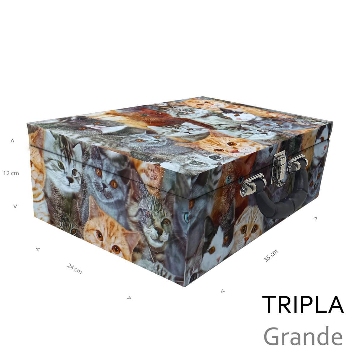Estojo Maleta Porta Jóias Triplo Grande Cara De Gatos Com Alça Preta e Espelho - Sob Encomenda