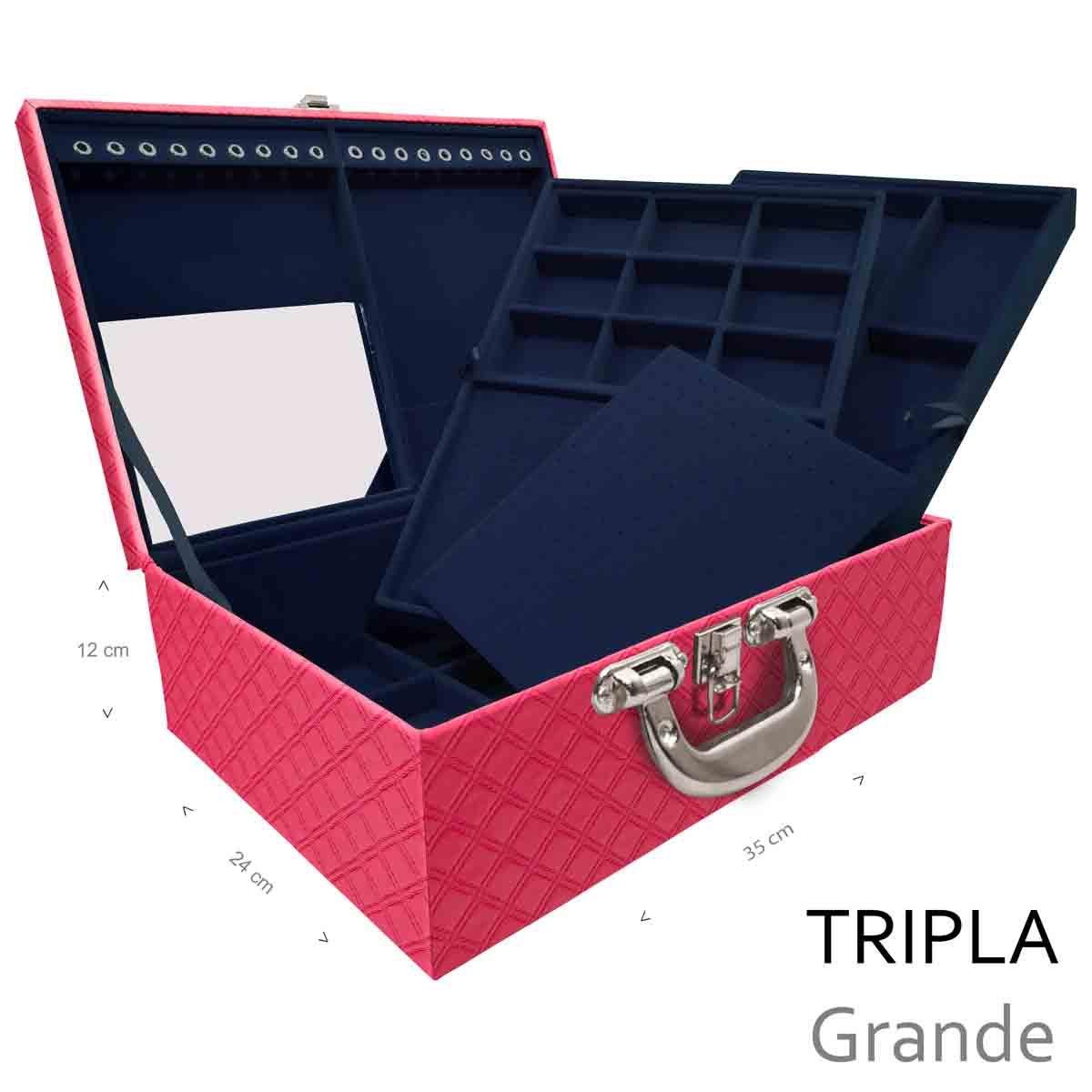 Estojo Maleta Porta Jóias Triplo Grande Channel Pink Com Alça Cromada e Espelho - Sob Encomenda