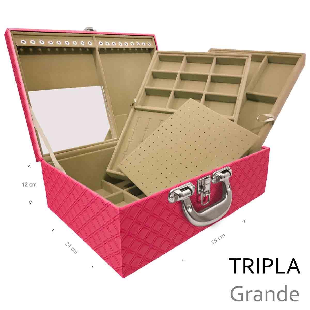 Estojo Maleta Porta Jóias Triplo Grande Channel Pink Com Alça Cromada e Espelho - Sob Encomenda