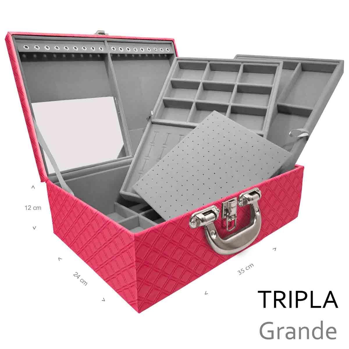 Estojo Maleta Porta Jóias Triplo Grande Channel Pink Com Alça Cromada e Espelho - Sob Encomenda