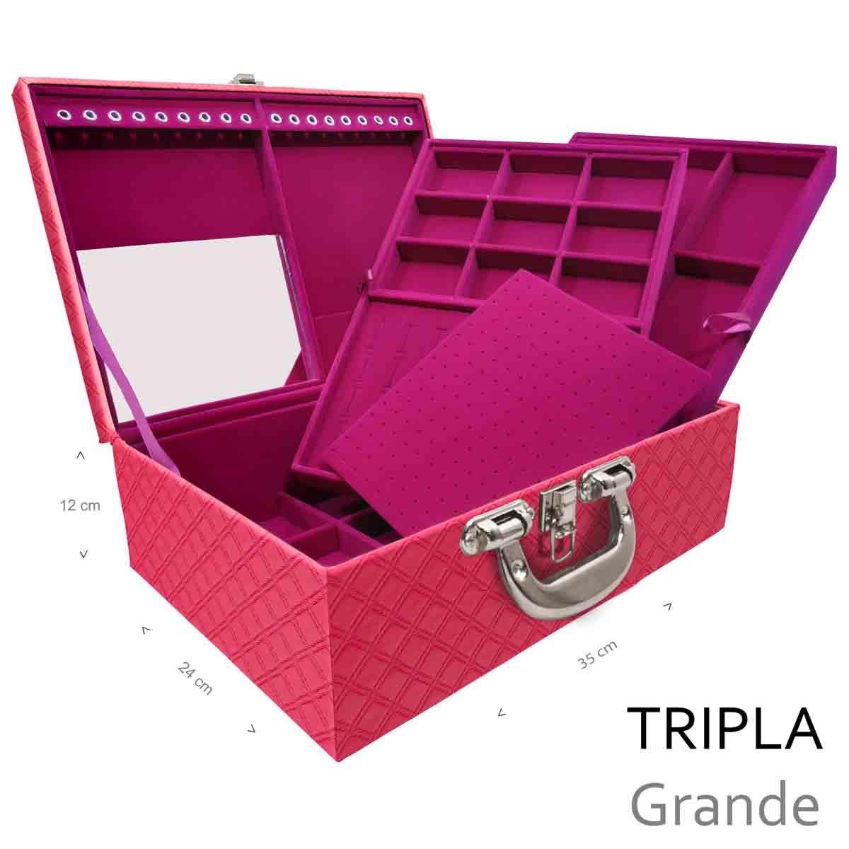 Estojo Maleta Porta Jóias Triplo Grande Channel Pink Com Alça Cromada e Espelho - Sob Encomenda
