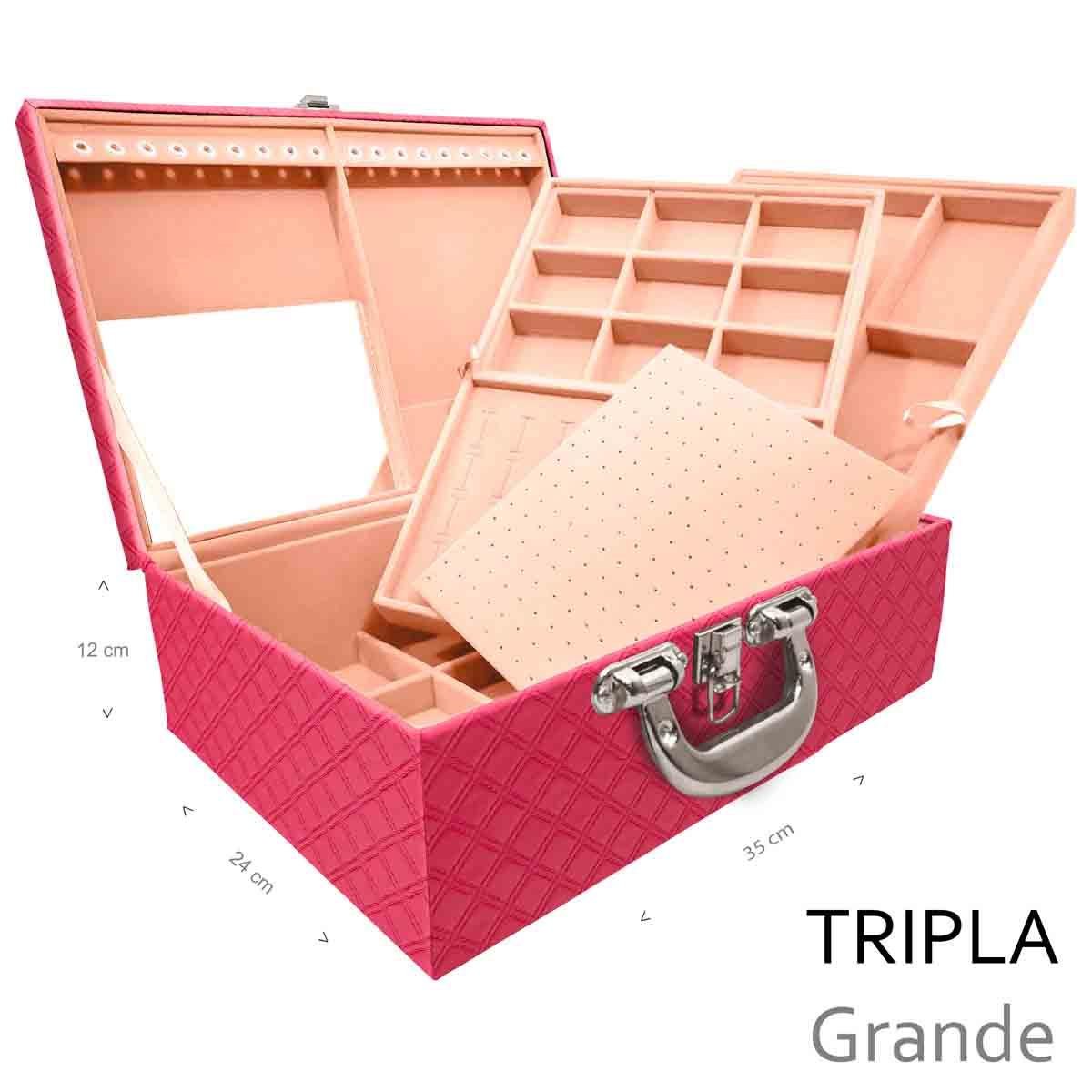 Estojo Maleta Porta Jóias Triplo Grande Channel Pink Com Alça Cromada e Espelho - Sob Encomenda