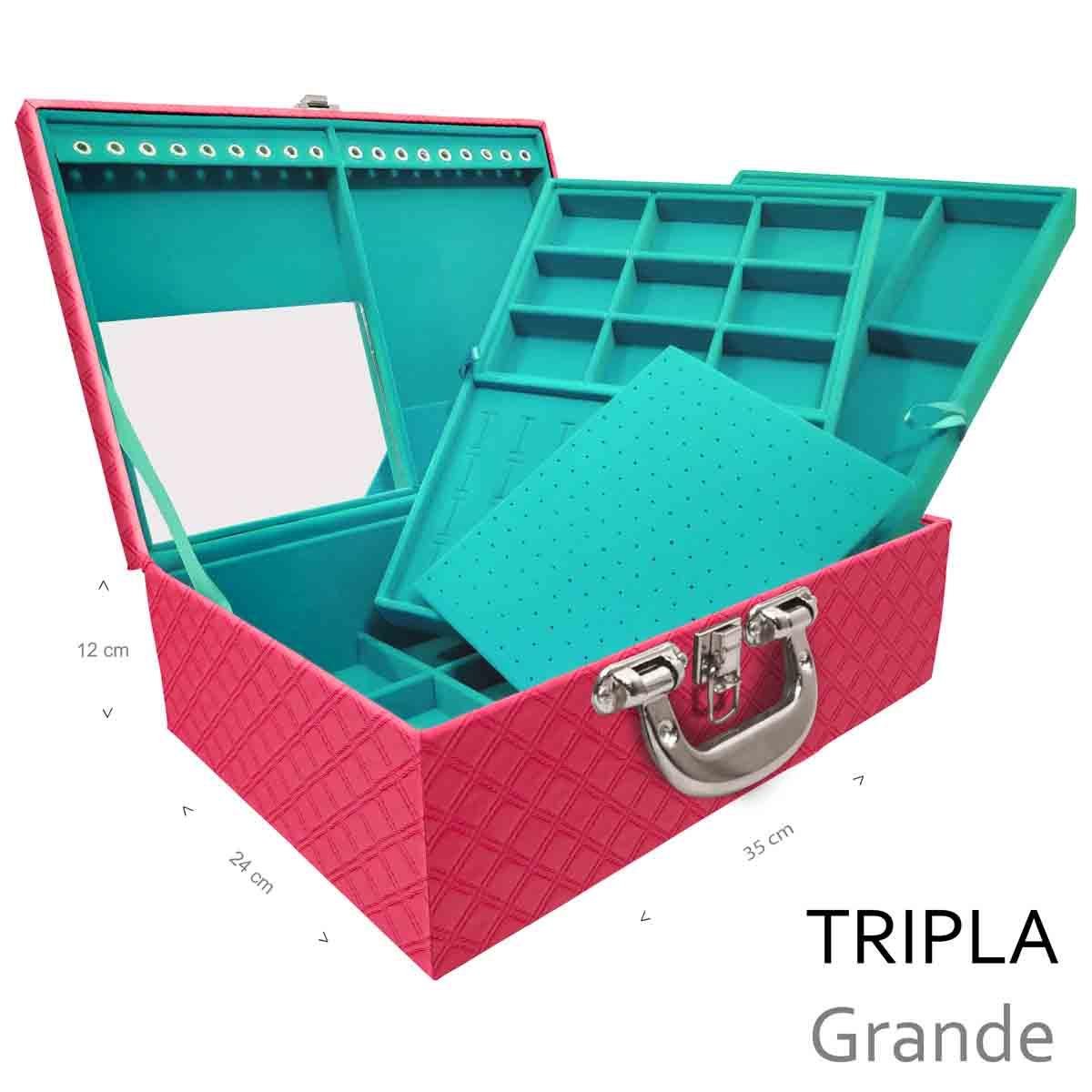 Estojo Maleta Porta Jóias Triplo Grande Channel Pink Com Alça Cromada e Espelho - Sob Encomenda