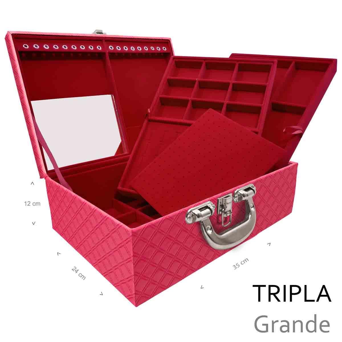 Estojo Maleta Porta Jóias Triplo Grande Channel Pink Com Alça Cromada e Espelho - Sob Encomenda