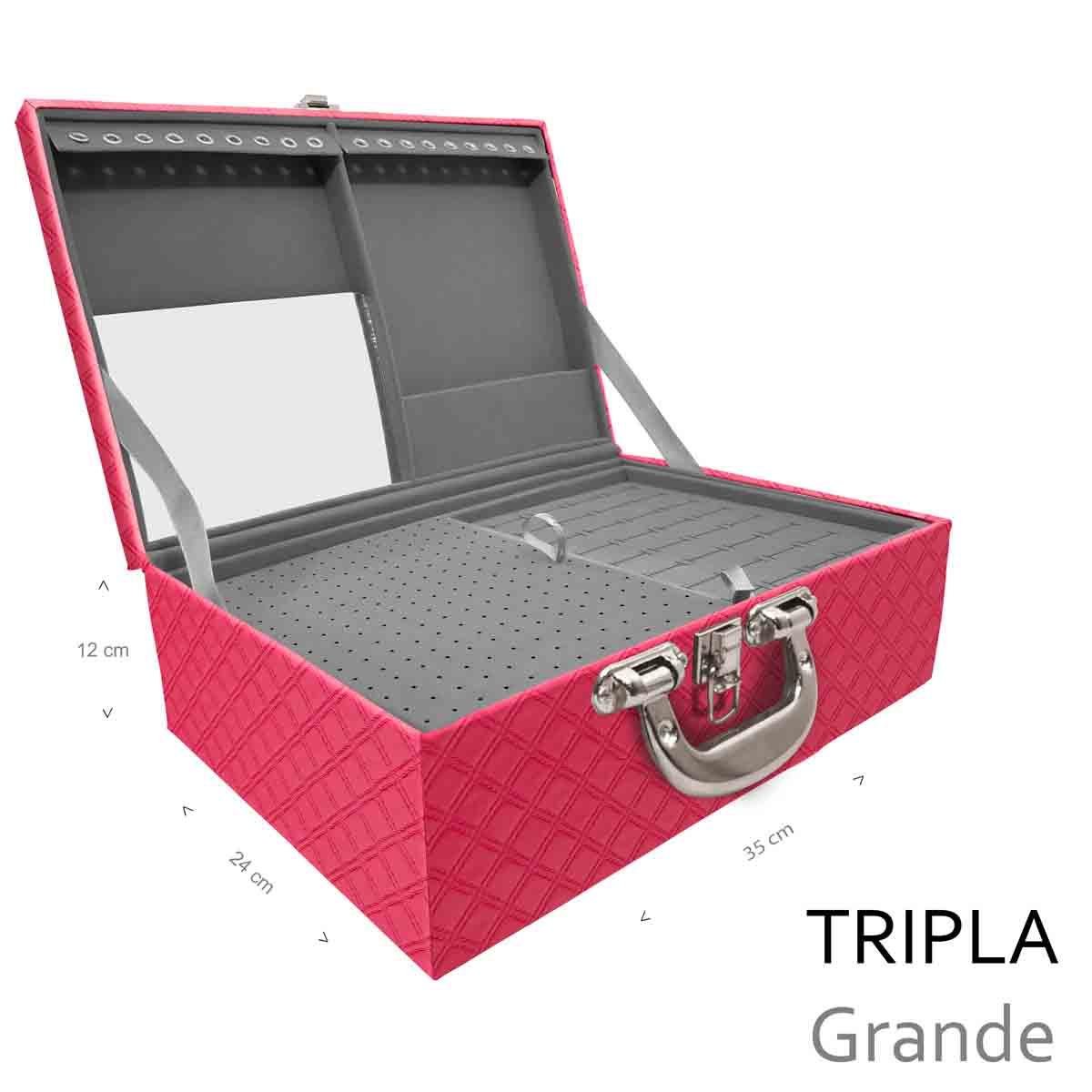 Estojo Maleta Porta Jóias Triplo Grande Channel Pink Com Alça Cromada e Espelho - Sob Encomenda