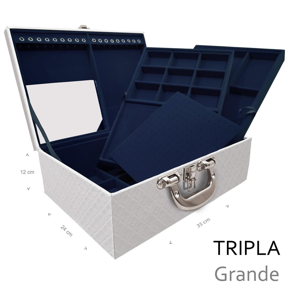 Estojo Maleta Porta Jóias Triplo Grande Dijon Branco Com Alça Cromada e Espelho - Sob Encomenda