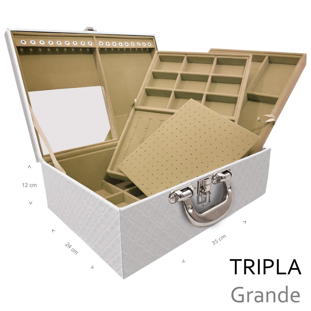 Estojo Maleta Porta Jóias Triplo Grande Dijon Branco Com Alça Cromada e Espelho - Sob Encomenda