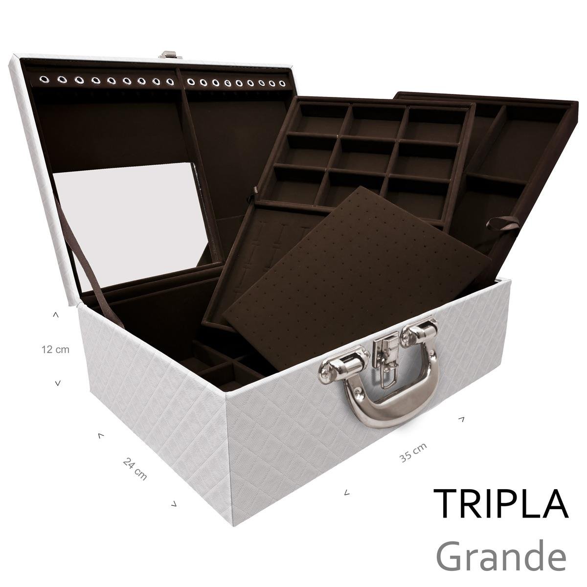 Estojo Maleta Porta Jóias Triplo Grande Dijon Branco Com Alça Cromada e Espelho - Sob Encomenda