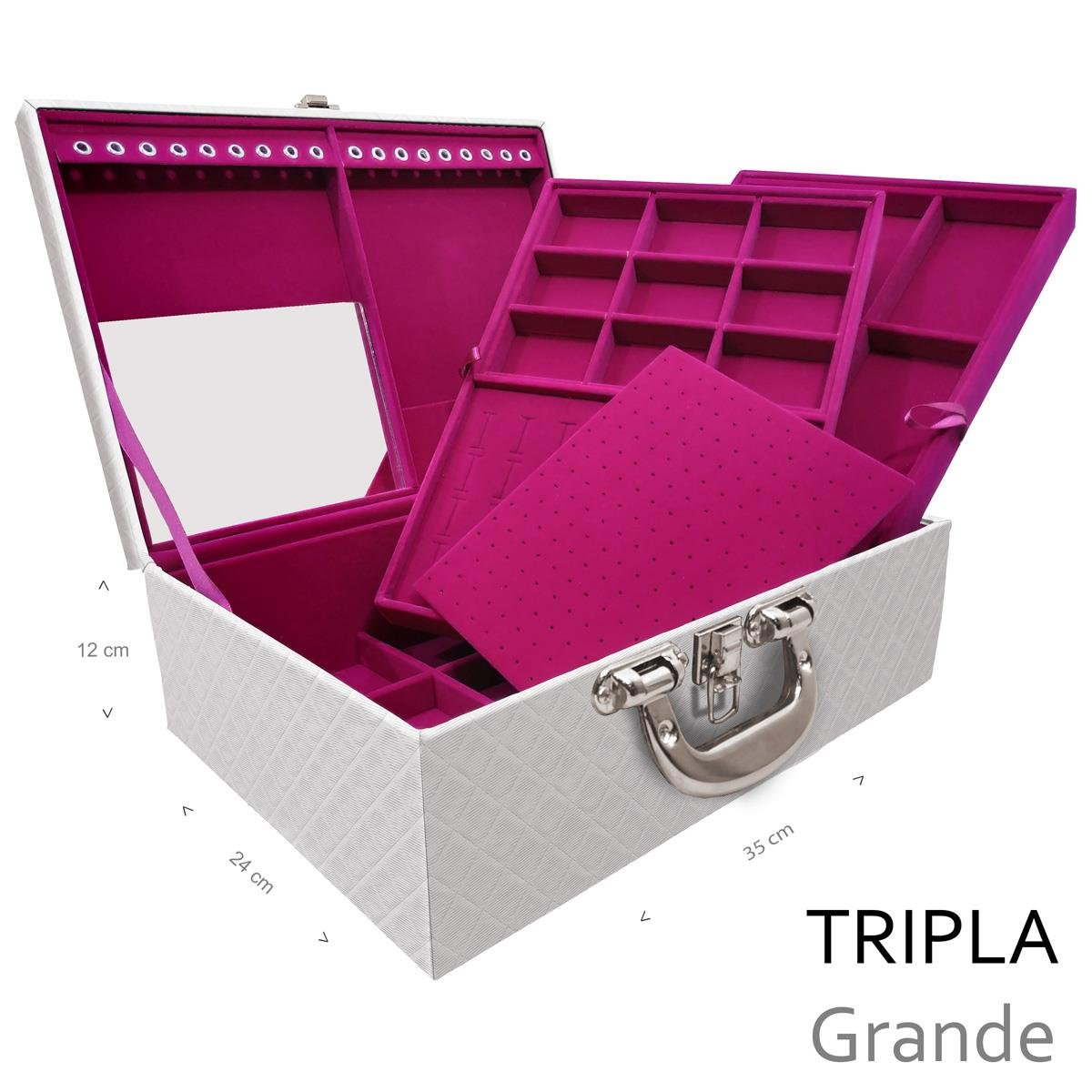 Estojo Maleta Porta Jóias Triplo Grande Dijon Branco Com Alça Cromada e Espelho - Sob Encomenda