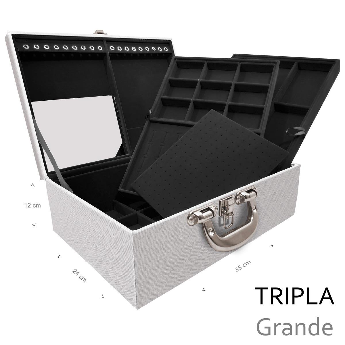 Estojo Maleta Porta Jóias Triplo Grande Dijon Branco Com Alça Cromada e Espelho - Sob Encomenda