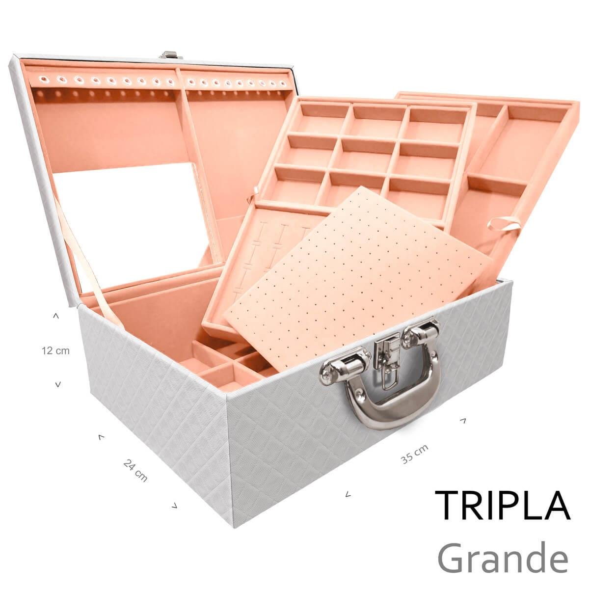 Estojo Maleta Porta Jóias Triplo Grande Dijon Branco Com Alça Cromada e Espelho - Sob Encomenda