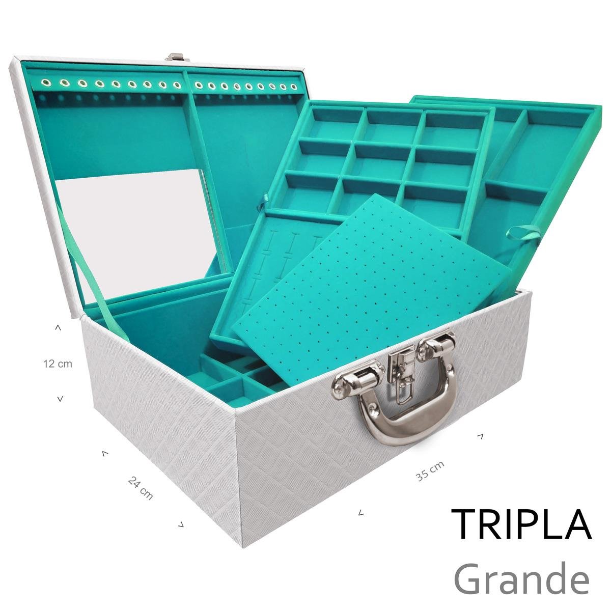 Estojo Maleta Porta Jóias Triplo Grande Dijon Branco Com Alça Cromada e Espelho - Sob Encomenda