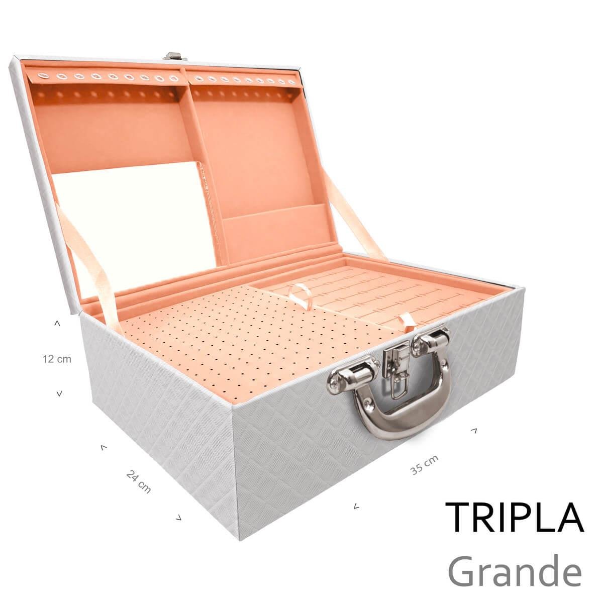 Estojo Maleta Porta Jóias Triplo Grande Dijon Branco Com Alça Cromada e Espelho - Sob Encomenda