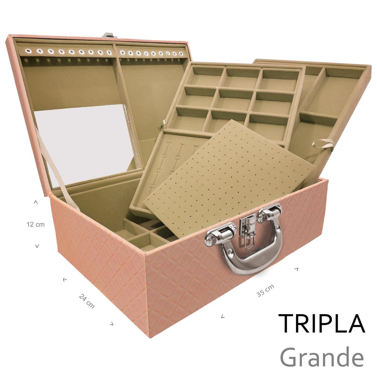 Estojo Maleta Porta Jóias Triplo Grande Dijon Cobre Metalizado Com Alça Cromada e Espelho - Sob Encomenda