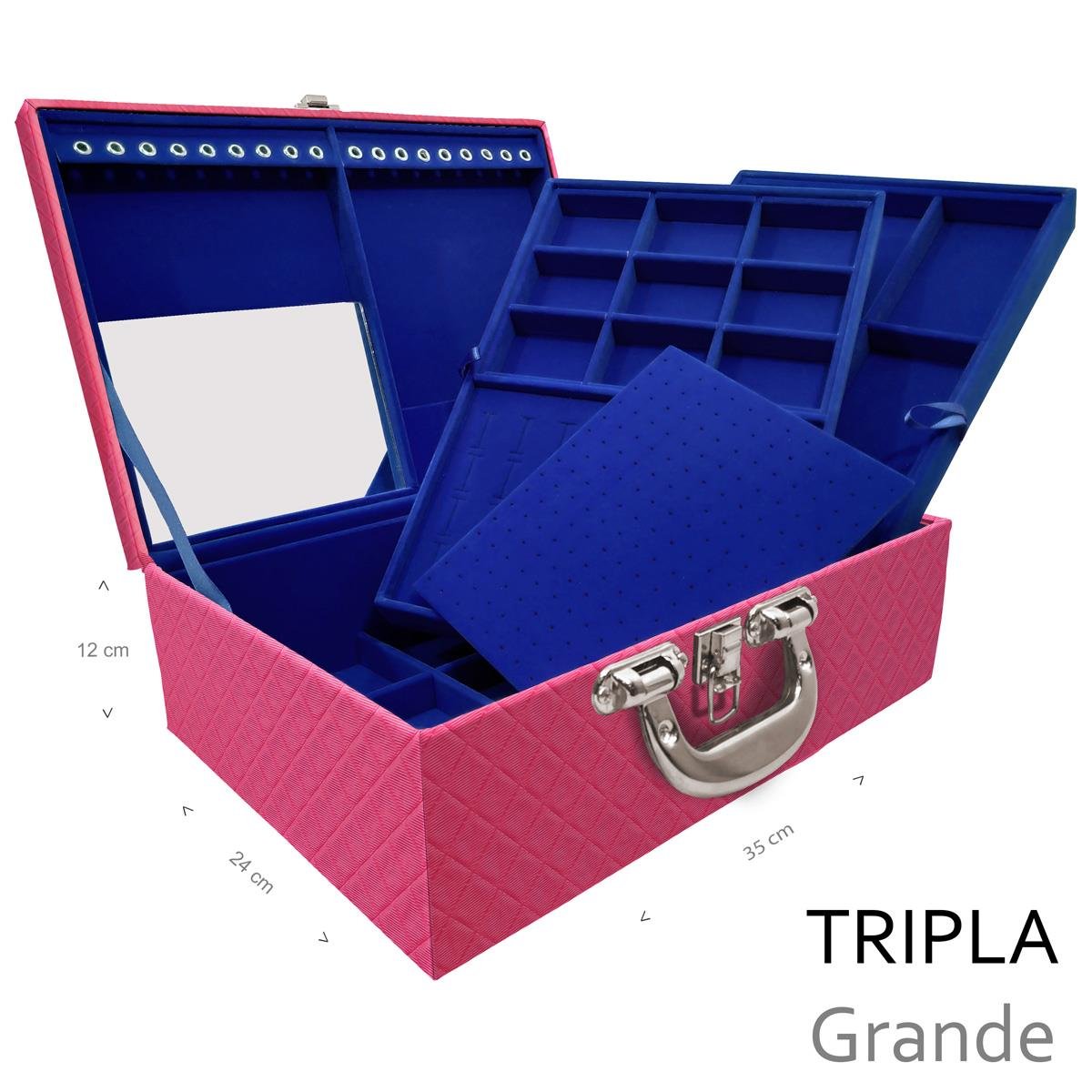 Estojo Maleta Porta Jóias Triplo Grande Dijon Pink Com Alça Cromada e Espelho - Sob Encomenda