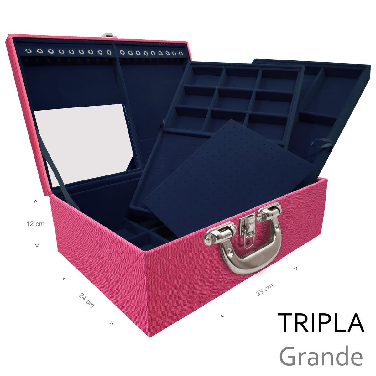 Estojo Maleta Porta Jóias Triplo Grande Dijon Pink Com Alça Cromada e Espelho - Sob Encomenda