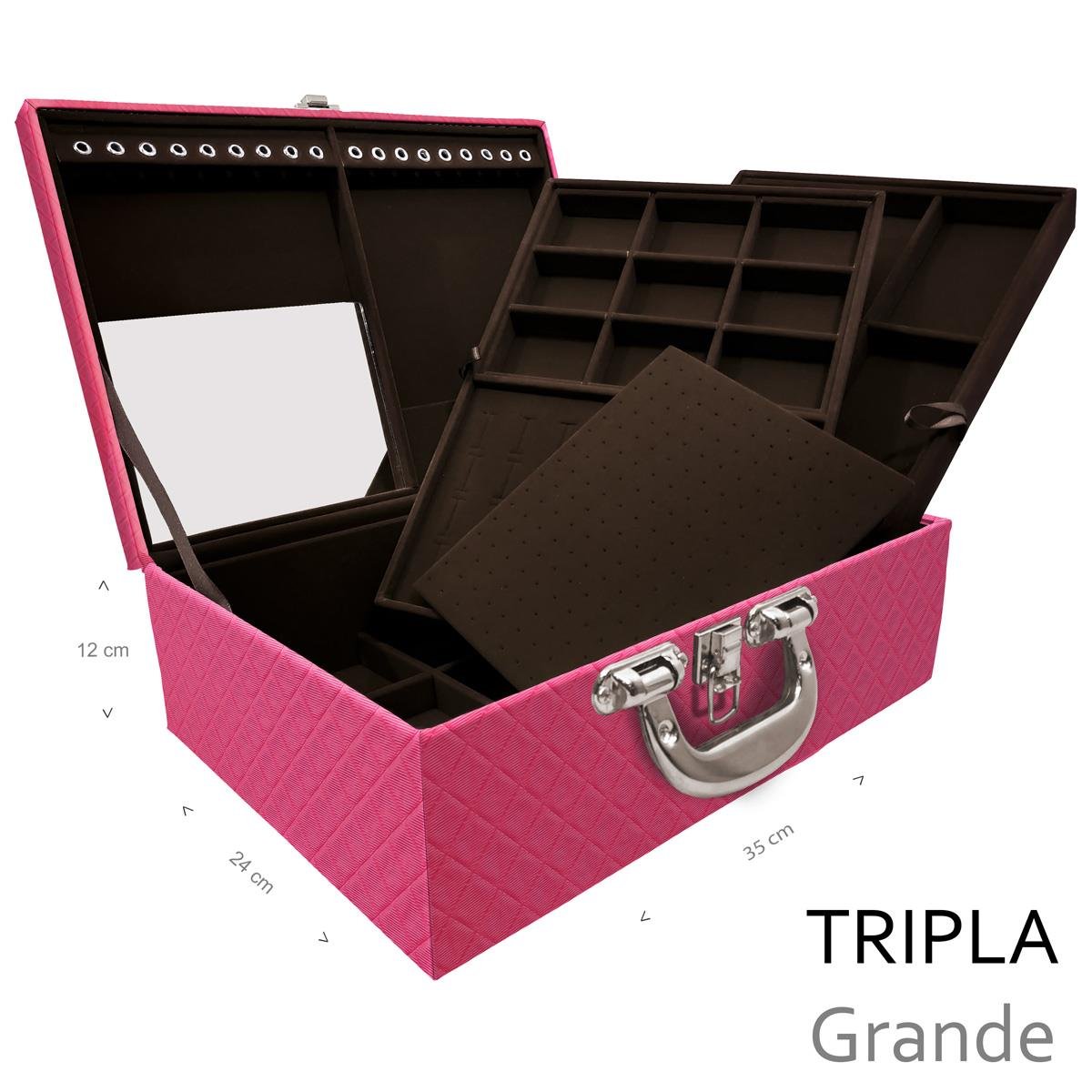 Estojo Maleta Porta Jóias Triplo Grande Dijon Pink Com Alça Cromada e Espelho - Sob Encomenda