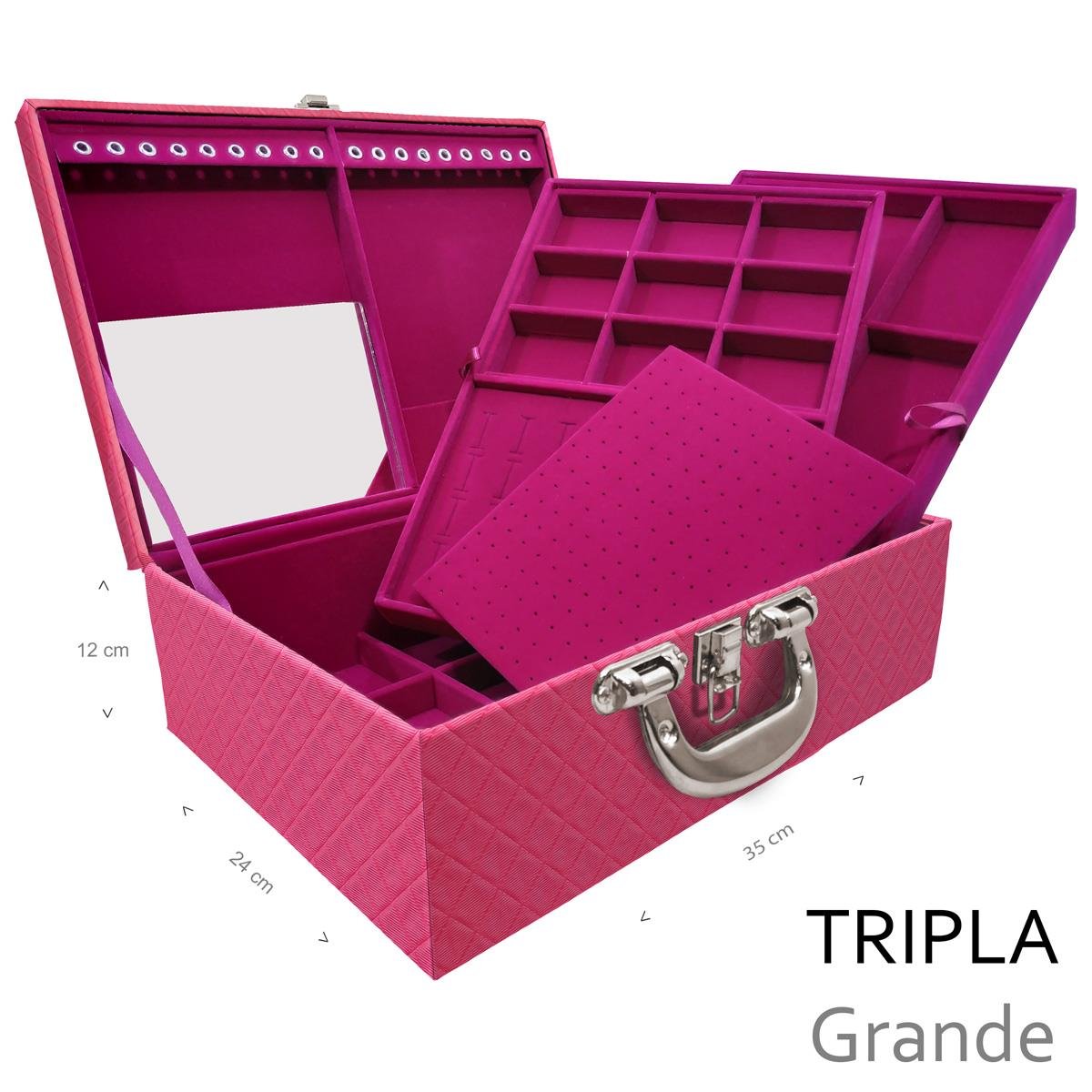 Estojo Maleta Porta Jóias Triplo Grande Dijon Pink Com Alça Cromada e Espelho - Sob Encomenda