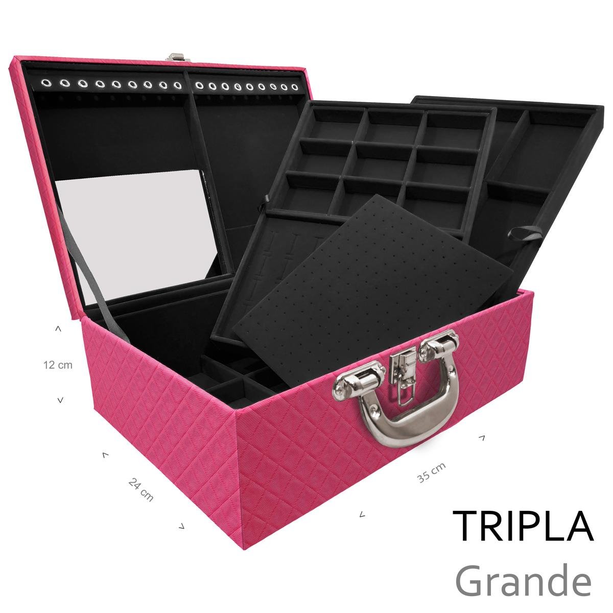 Estojo Maleta Porta Jóias Triplo Grande Dijon Pink Com Alça Cromada e Espelho - Sob Encomenda
