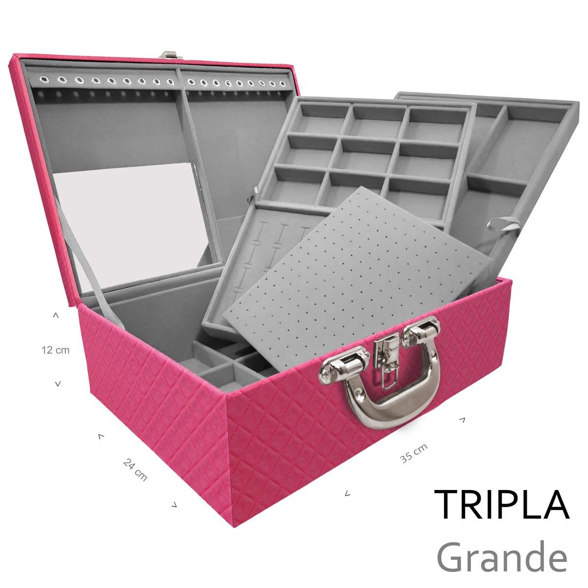 Estojo Maleta Porta Jóias Triplo Grande Dijon Pink Com Alça Cromada e Espelho - Sob Encomenda