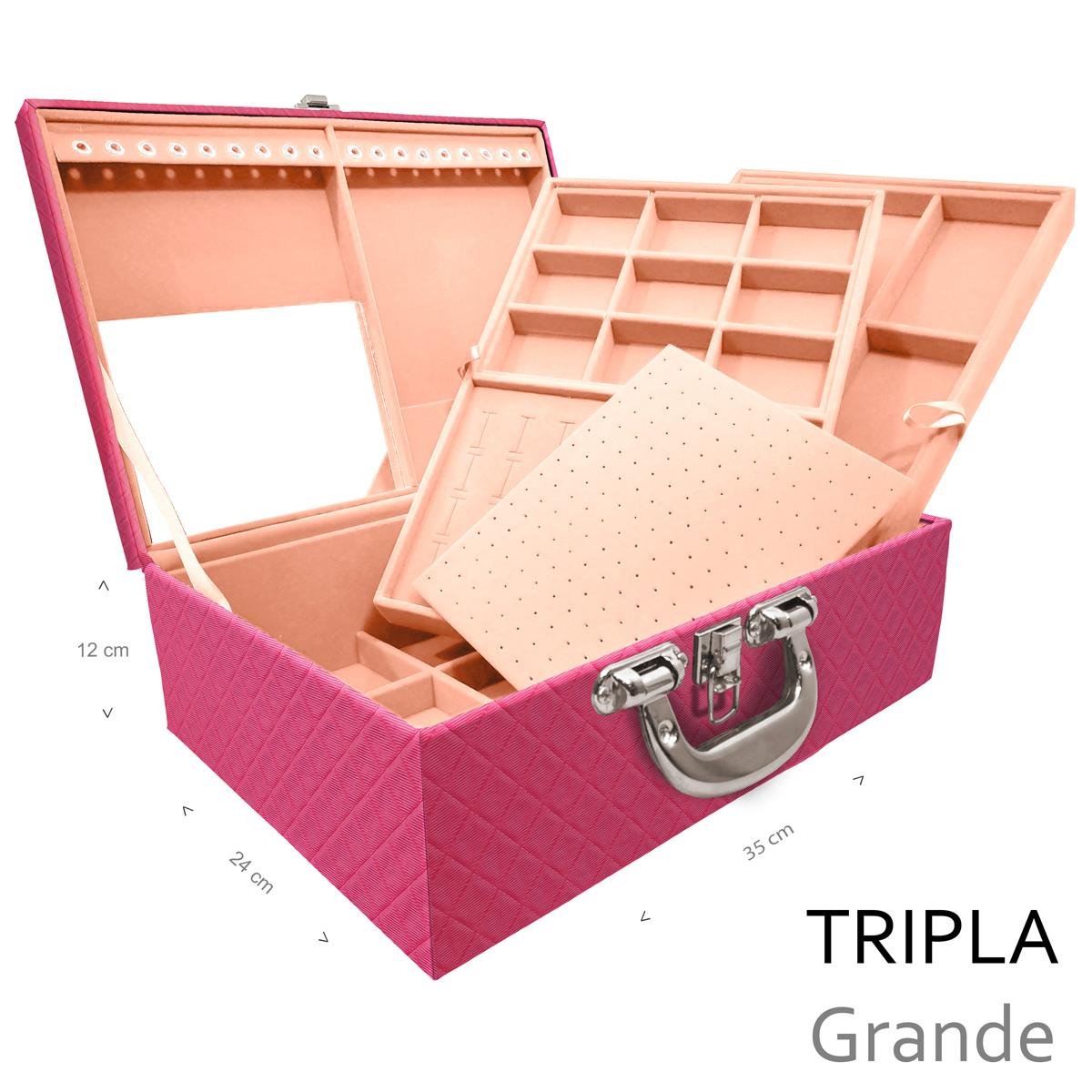 Estojo Maleta Porta Jóias Triplo Grande Dijon Pink Com Alça Cromada e Espelho - Sob Encomenda