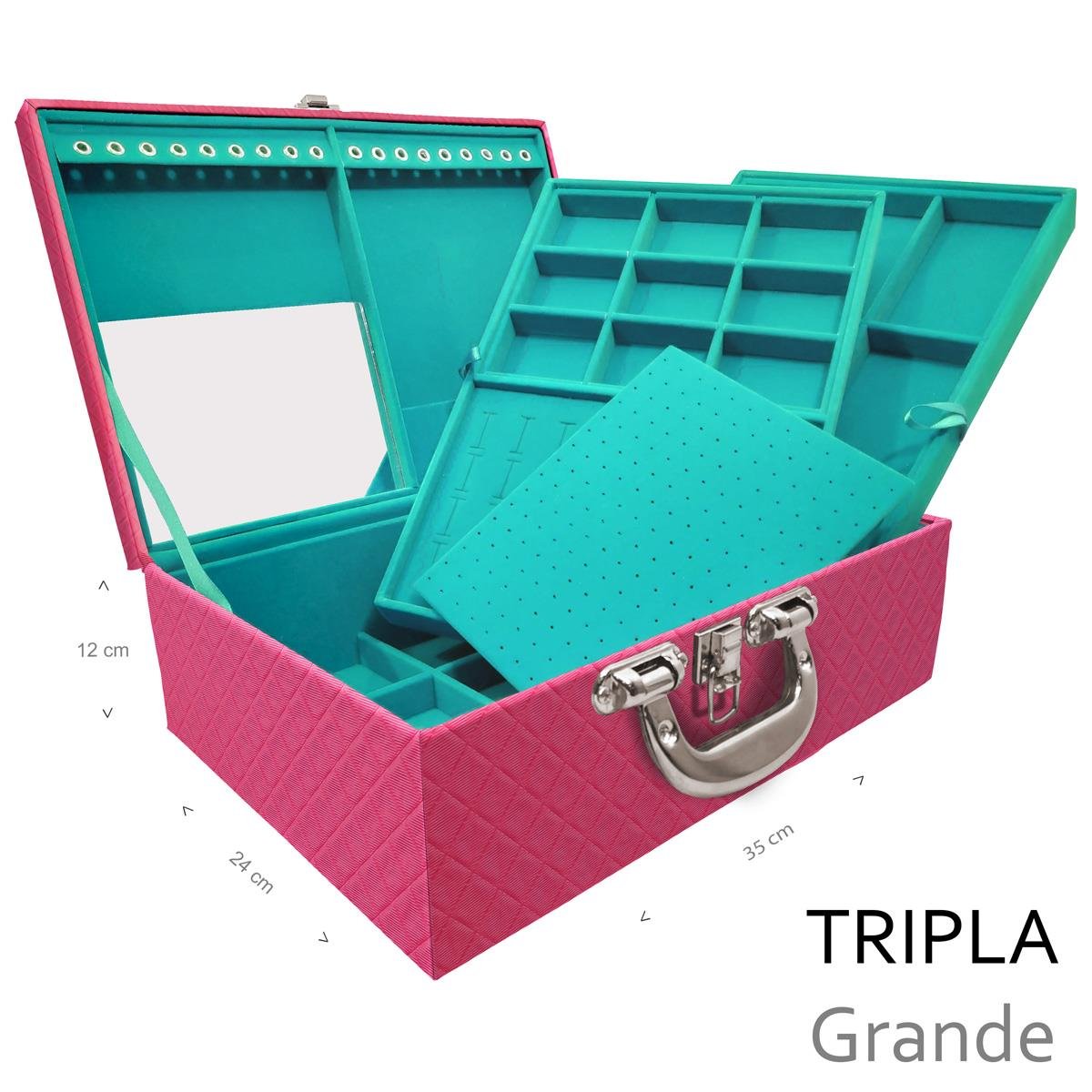 Estojo Maleta Porta Jóias Triplo Grande Dijon Pink Com Alça Cromada e Espelho - Sob Encomenda