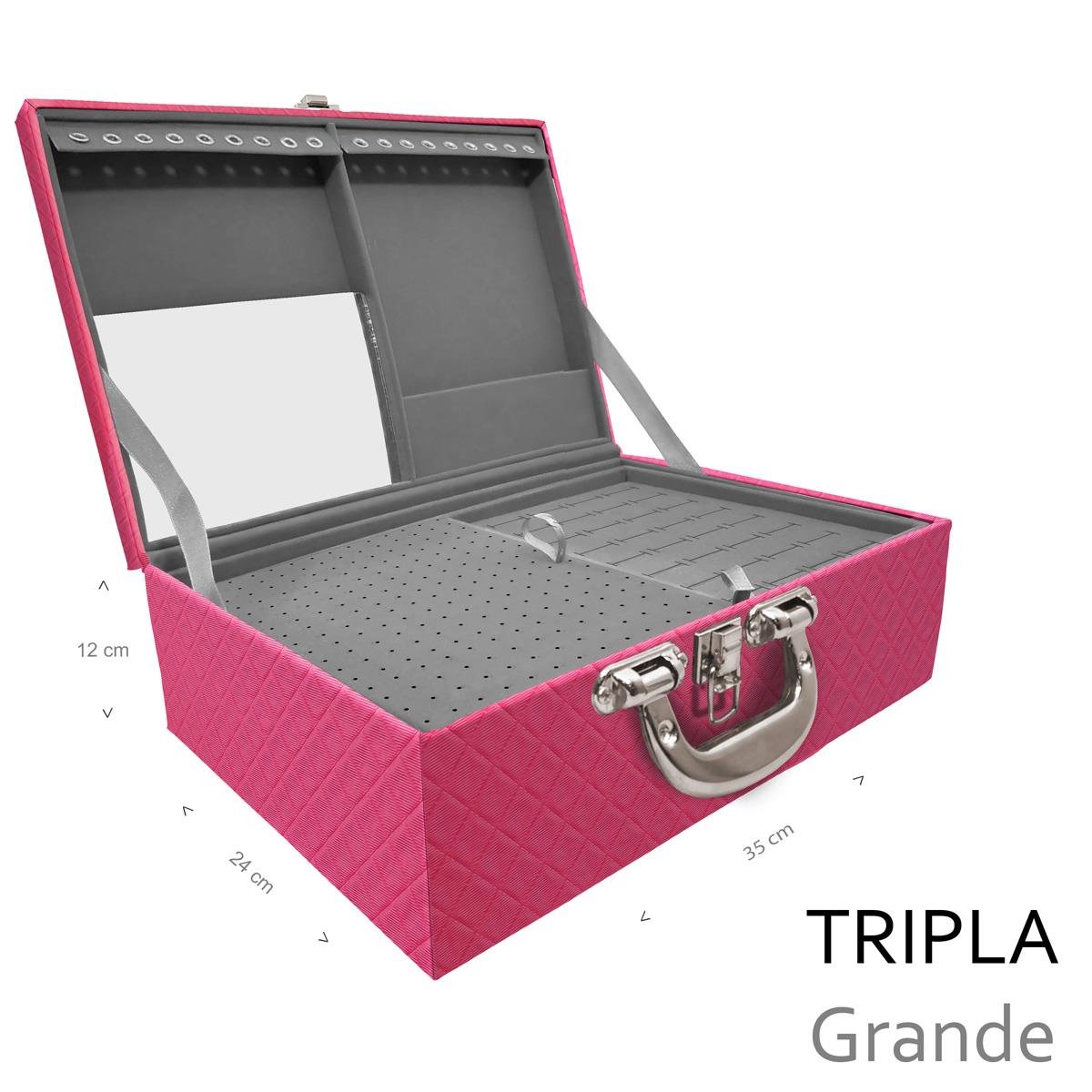 Estojo Maleta Porta Jóias Triplo Grande Dijon Pink Com Alça Cromada e Espelho - Sob Encomenda