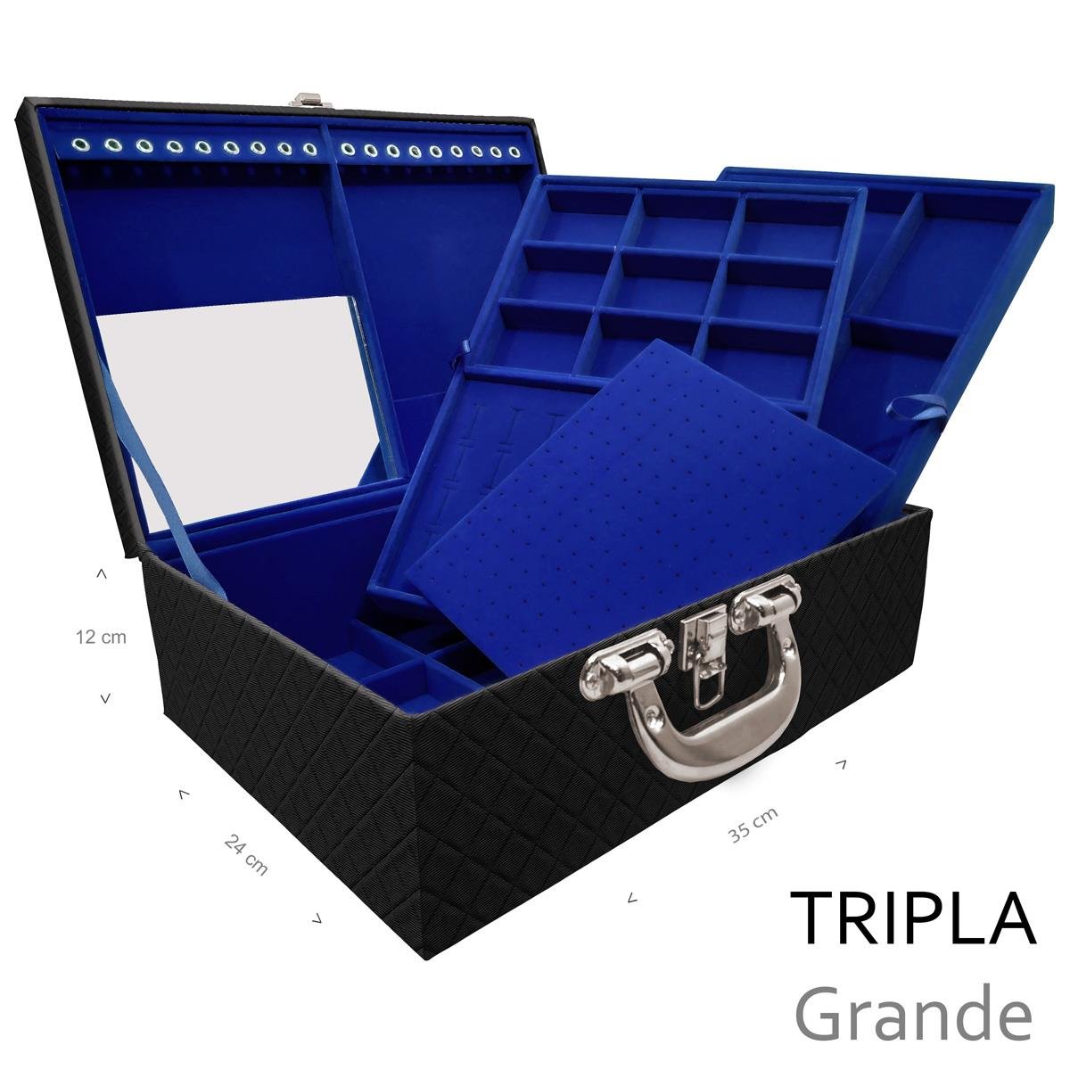 Estojo Maleta Porta Jóias Triplo Grande Dijon Preto Com Alça Cromada e Espelho - Sob Encomenda