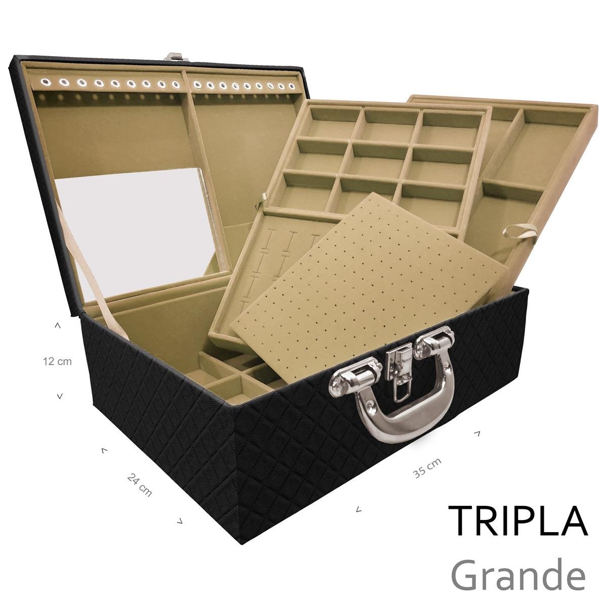 Estojo Maleta Porta Jóias Triplo Grande Dijon Preto Com Alça Cromada e Espelho - Sob Encomenda