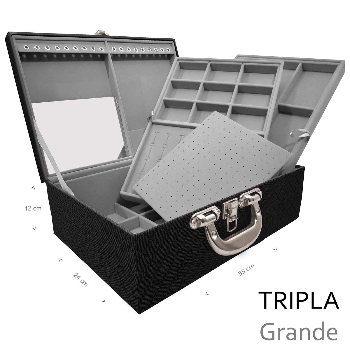 Estojo Maleta Porta Jóias Triplo Grande Dijon Preto Com Alça Cromada e Espelho - Sob Encomenda