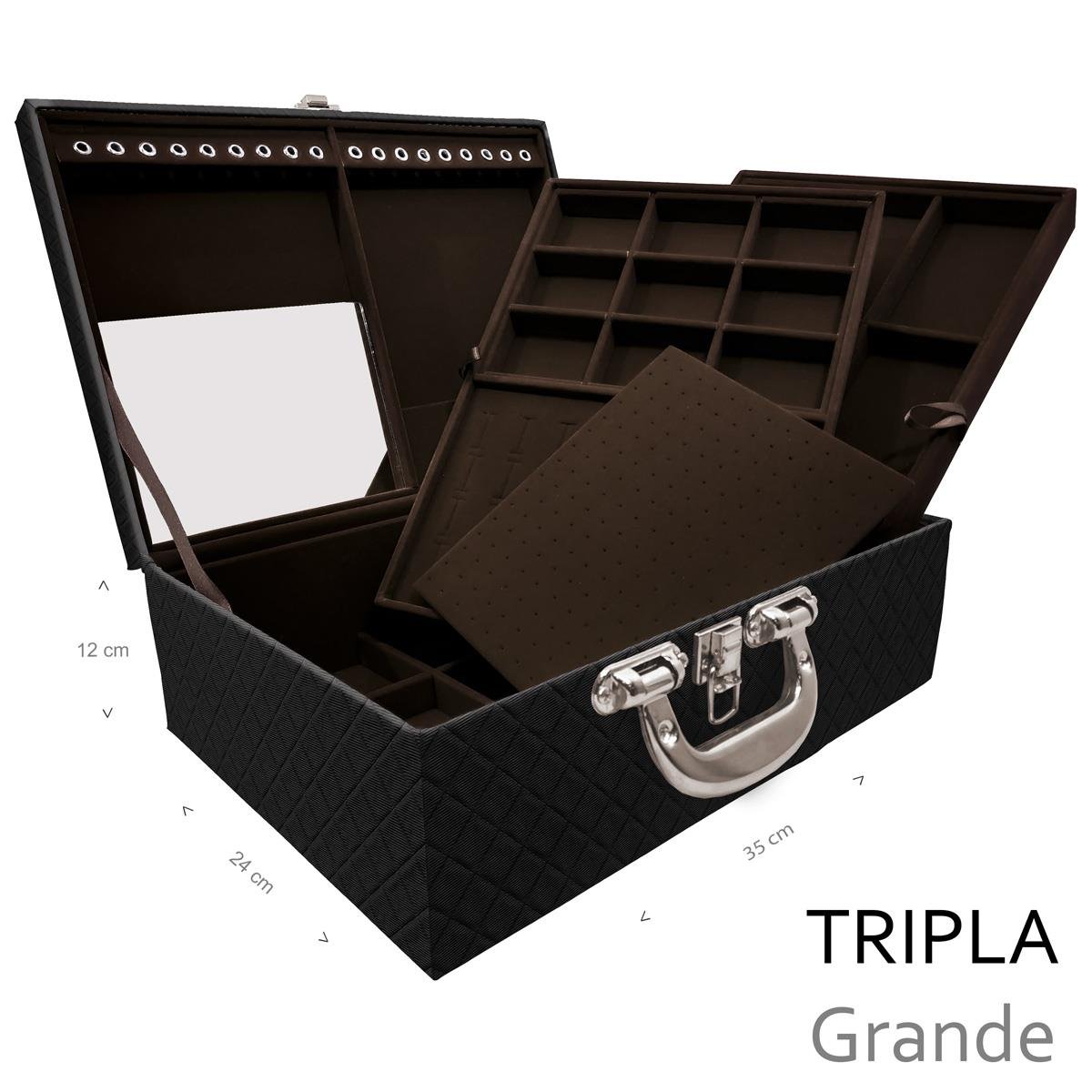 Estojo Maleta Porta Jóias Triplo Grande Dijon Preto Com Alça Cromada e Espelho - Sob Encomenda